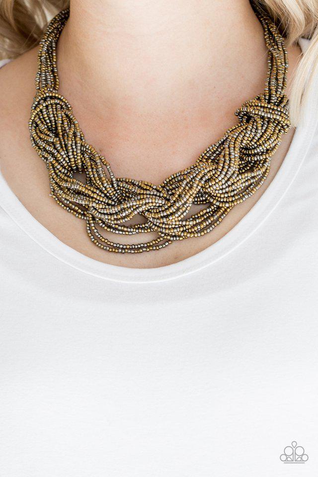 City Catwalk Brass Seed Bead Necklace - Paparazzi Accessories- lightbox - CarasShop.com - Paparazzi Jewelry by Cara Jewels