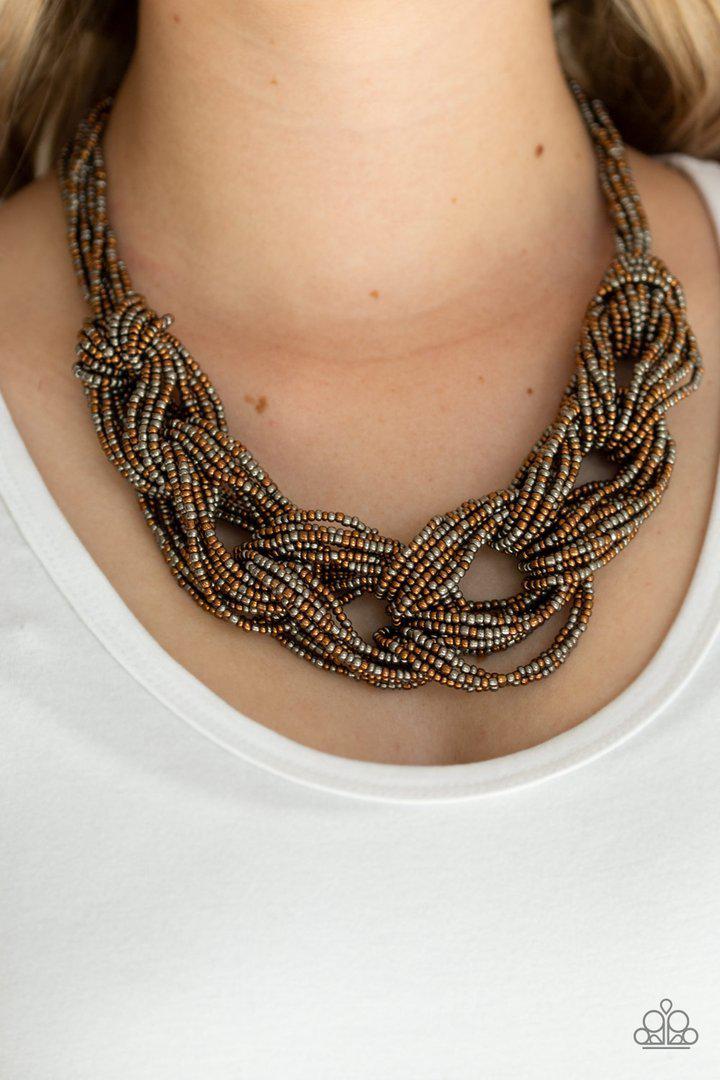 City Catwalk Copper and Gunmetal Seed Bead Necklace - Paparazzi Accessories- lightbox - CarasShop.com - Paparazzi Jewelry by Cara Jewels
