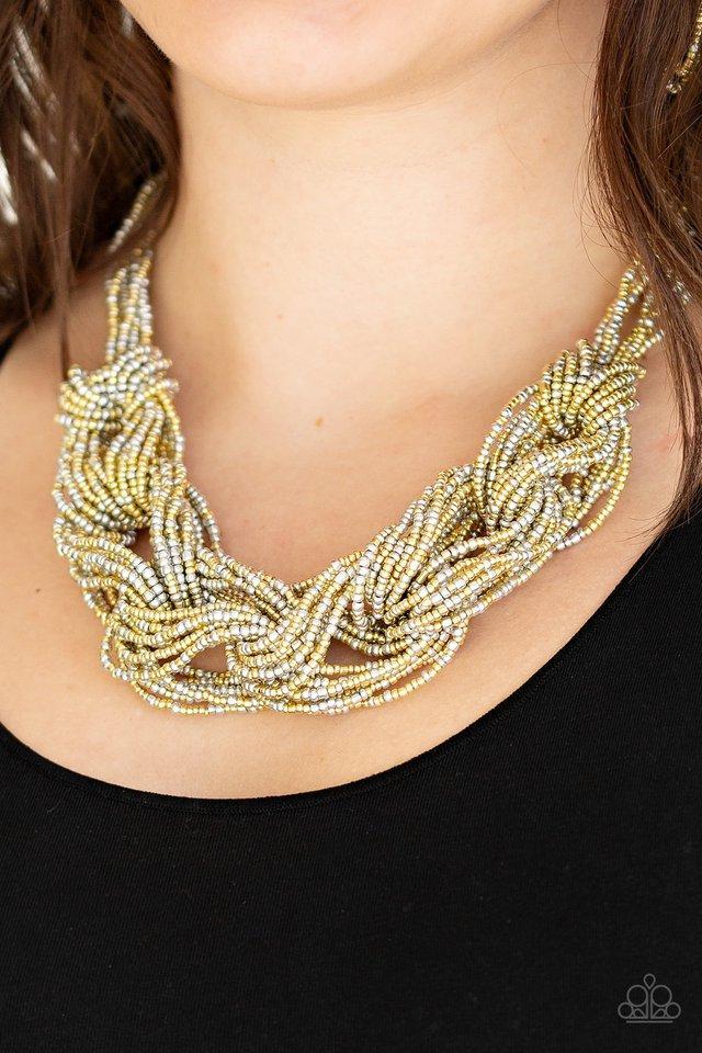 City Catwalk Gold and Silver Seed Bead Necklace - Paparazzi Accessories- on model - CarasShop.com - Paparazzi Jewelry by Cara Jewels
