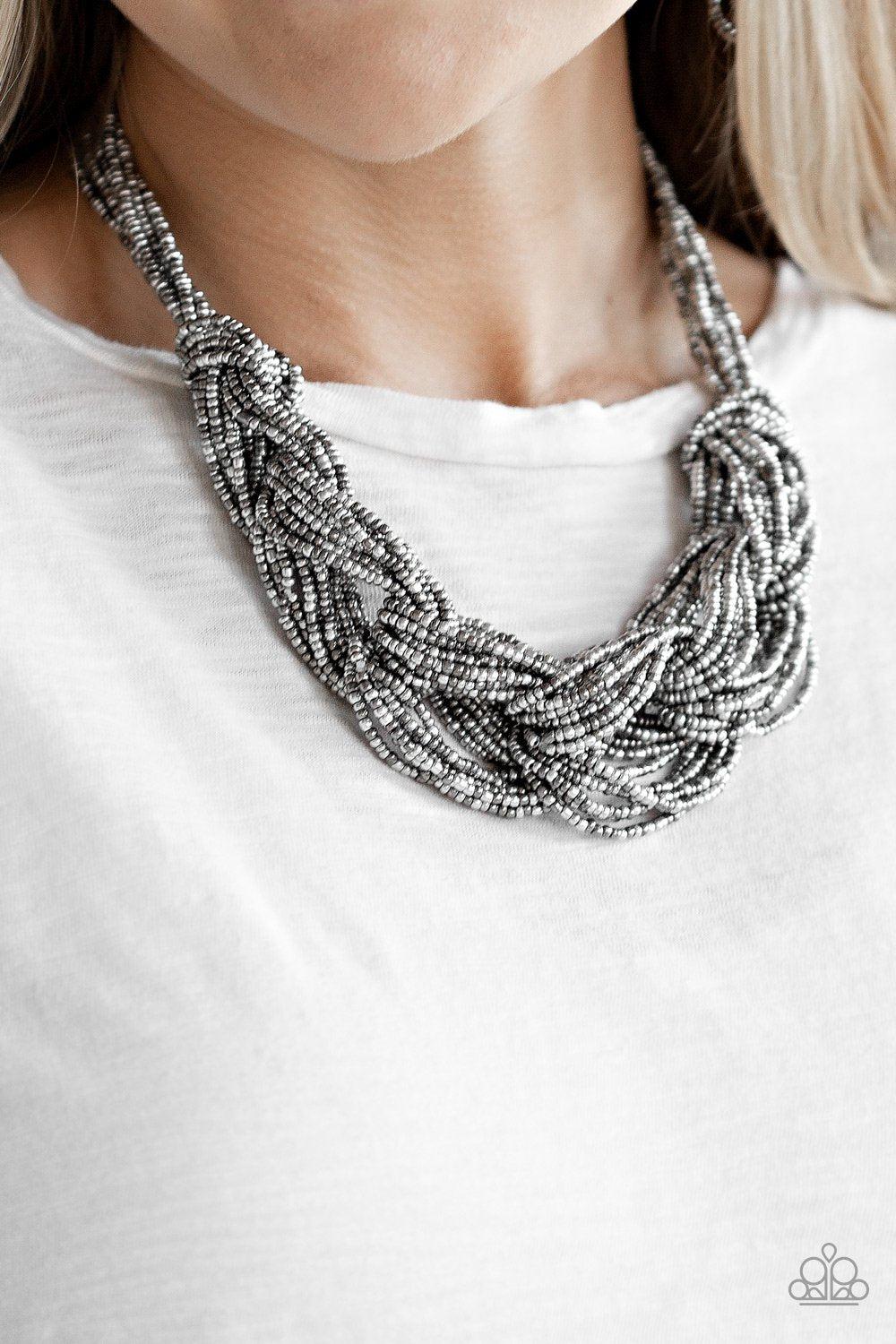 City Catwalk Silver and Gunmetal Seed Bead Necklace - Paparazzi Accessories- lightbox - CarasShop.com - Paparazzi Jewelry by Cara Jewels