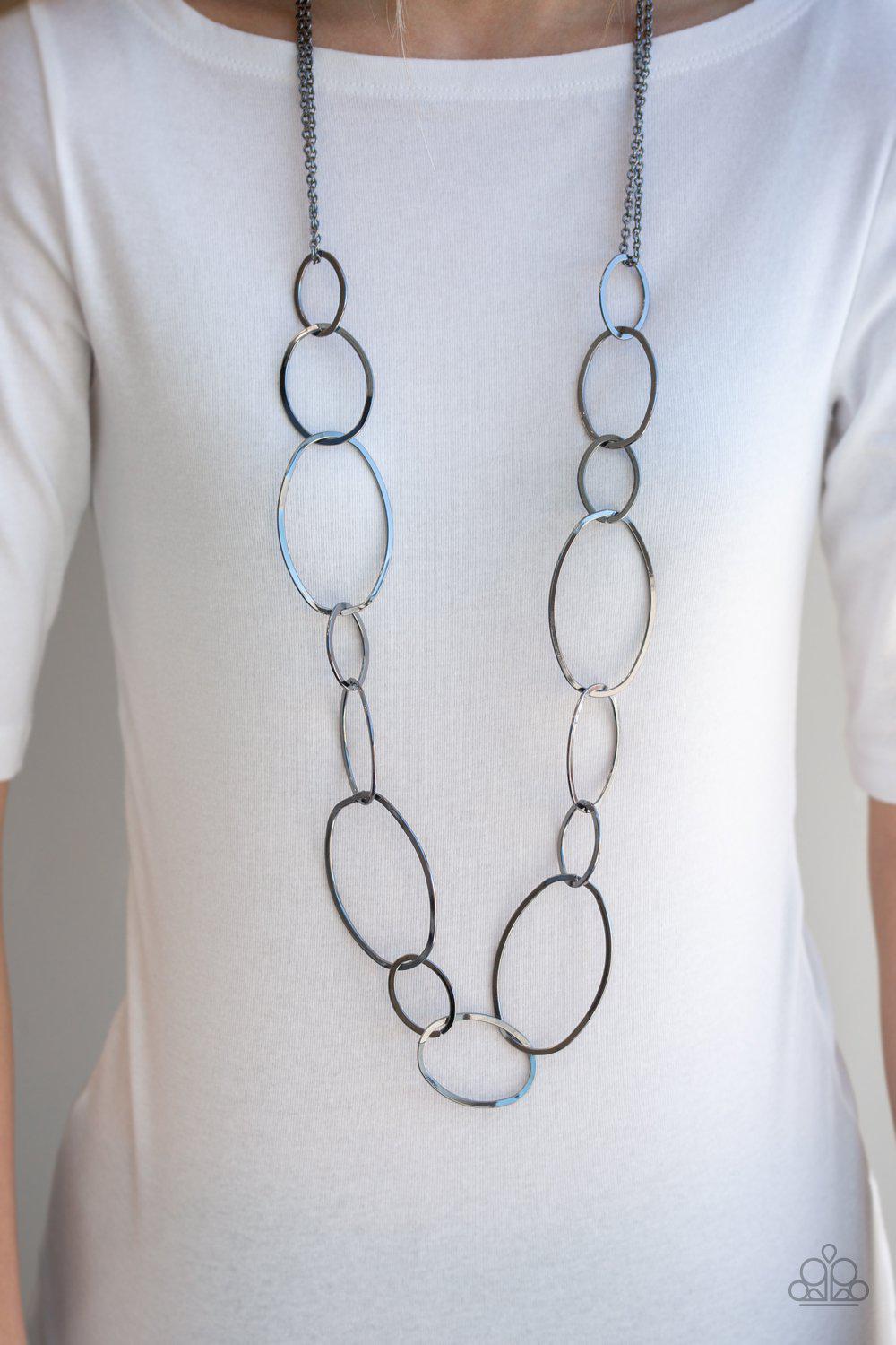 City Circuit Gunmetal Black Necklace - Paparazzi Accessories- on model - CarasShop.com - Paparazzi Jewelry by Cara Jewels