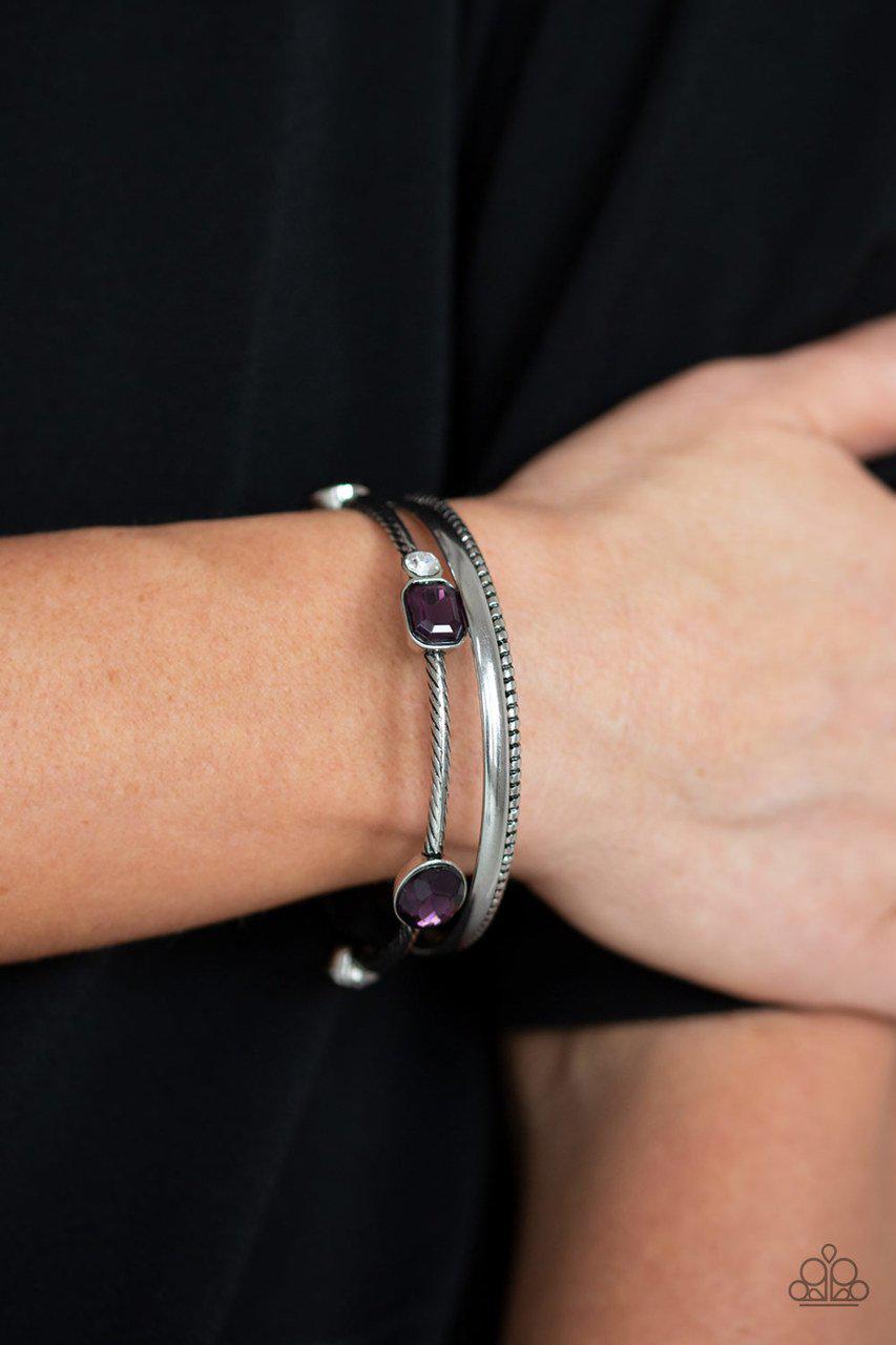 City Slicker Sleek Purple Rhinestone and Silver Bangle Set - Paparazzi Accessories- on model - CarasShop.com - Paparazzi Jewelry by Cara Jewels
