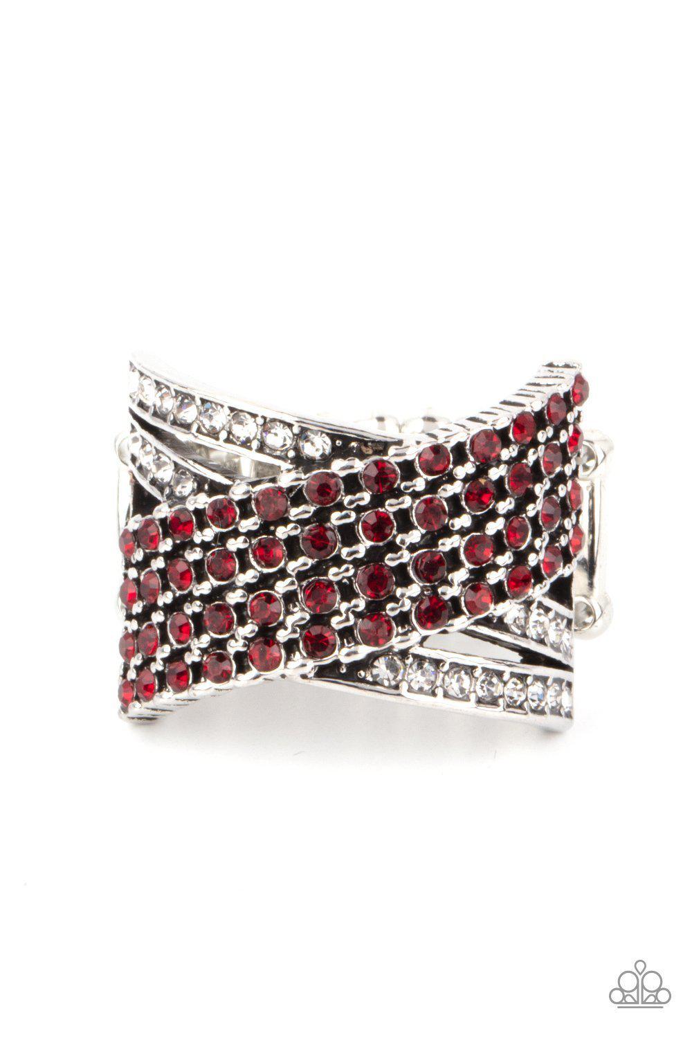 Classic Crossover Red Rhinestone Ring - Paparazzi Accessories- lightbox - CarasShop.com - Paparazzi Jewelry by Cara Jewels