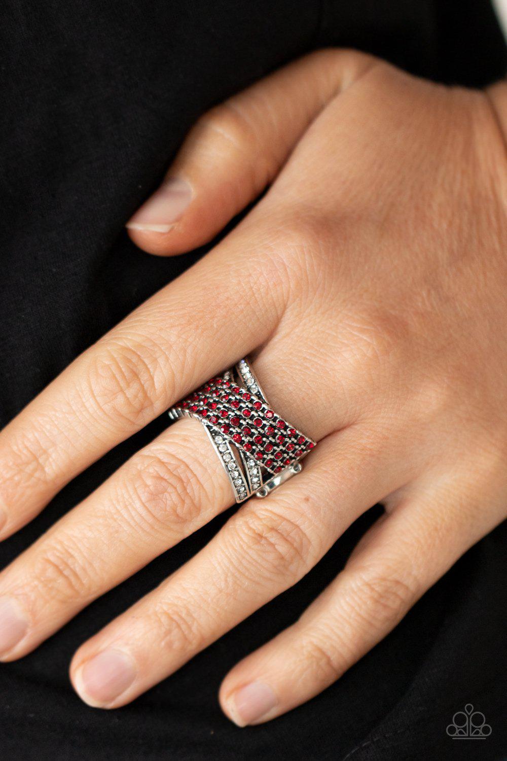Classic Crossover Red Rhinestone Ring - Paparazzi Accessories- on model - CarasShop.com - Paparazzi Jewelry by Cara Jewels