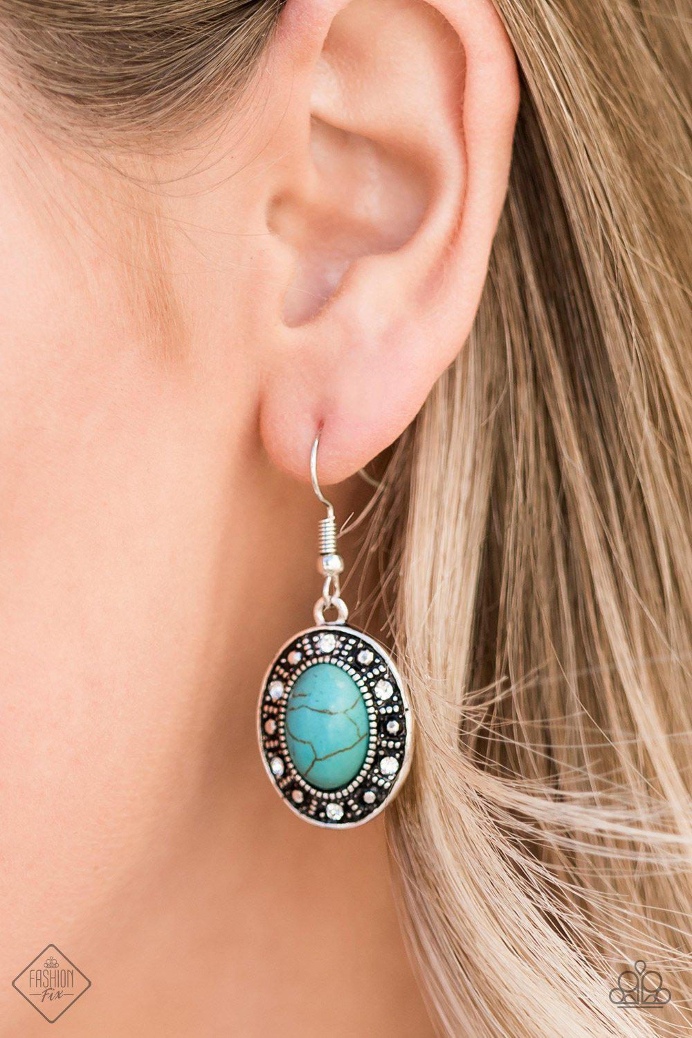 Classically Country Turquoise Blue Stone and White Rhinestone Earrings - Paparazzi Accessories- on model - CarasShop.com - Paparazzi Jewelry by Cara Jewels