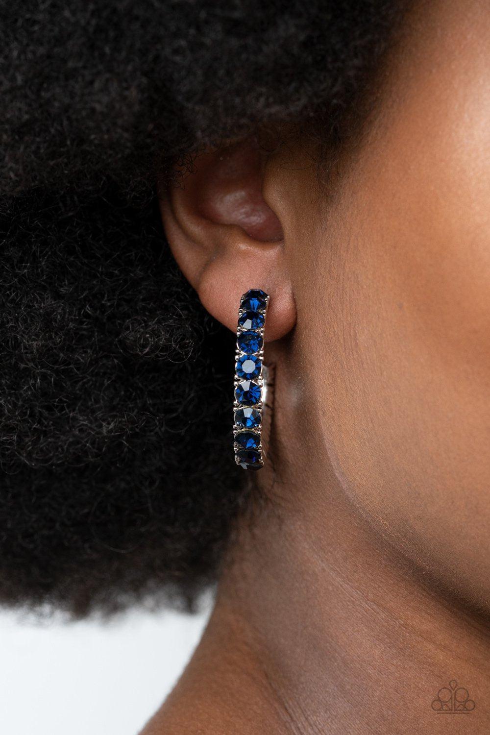 CLASSY is in Session Blue Rhinestone Hoop Earrings - Paparazzi Accessories- on model - CarasShop.com - Paparazzi Jewelry by Cara Jewels