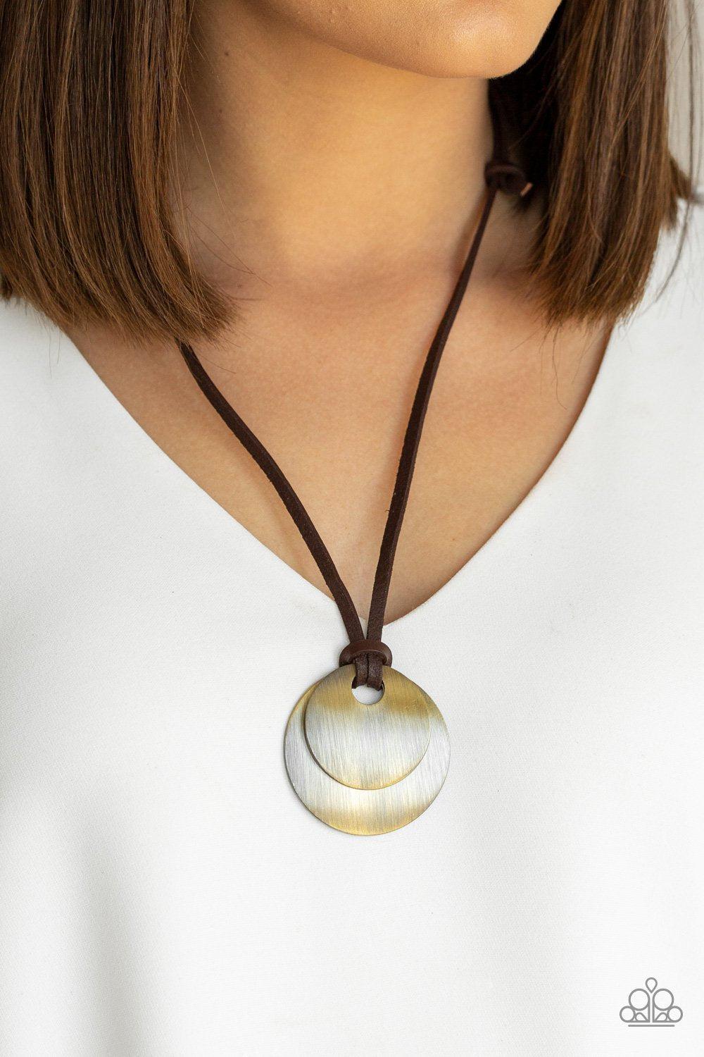Clean Slate Brass Urban Unisex Necklace - Paparazzi Accessories- on model - CarasShop.com - Paparazzi Jewelry by Cara Jewels