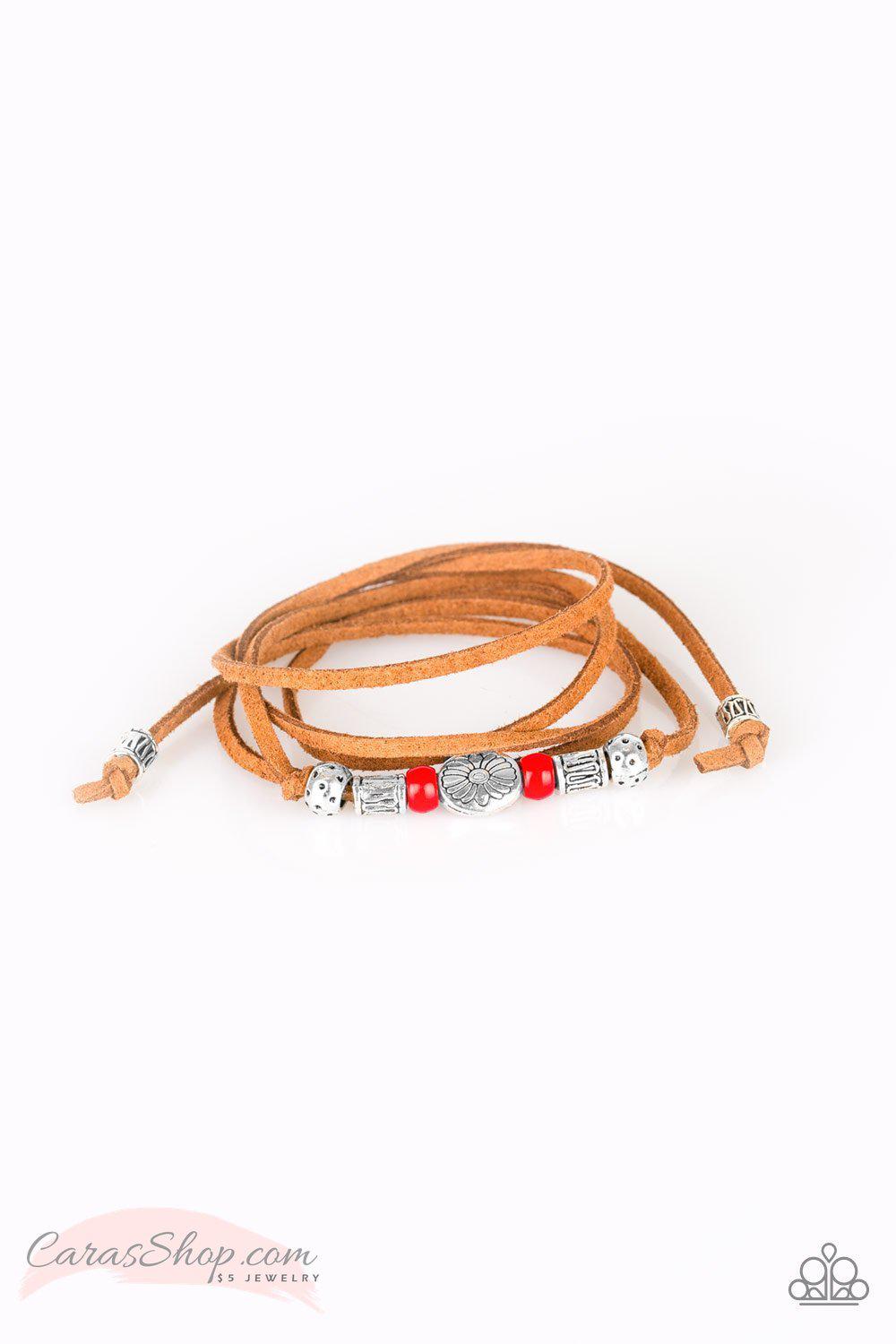 Clear A Path Suede and Red Bead Urban Tie Bracelet - Paparazzi Accessories- lightbox - CarasShop.com - Paparazzi Jewelry by Cara Jewels