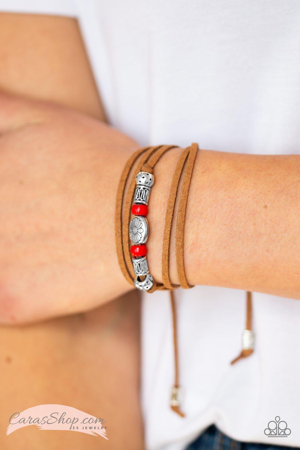 Clear A Path Suede and Red Bead Urban Tie Bracelet - Paparazzi Accessories- lightbox - CarasShop.com - Paparazzi Jewelry by Cara Jewels