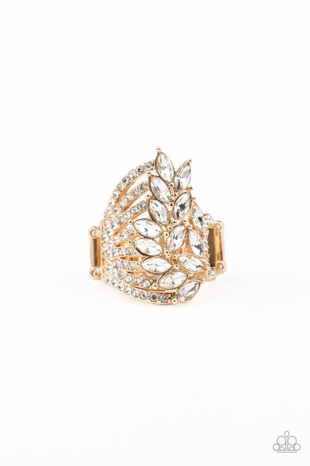Clear Cut Cascade Gold and White Rhinestone Ring - Paparazzi Accessories- lightbox - CarasShop.com - Paparazzi Jewelry by Cara Jewels