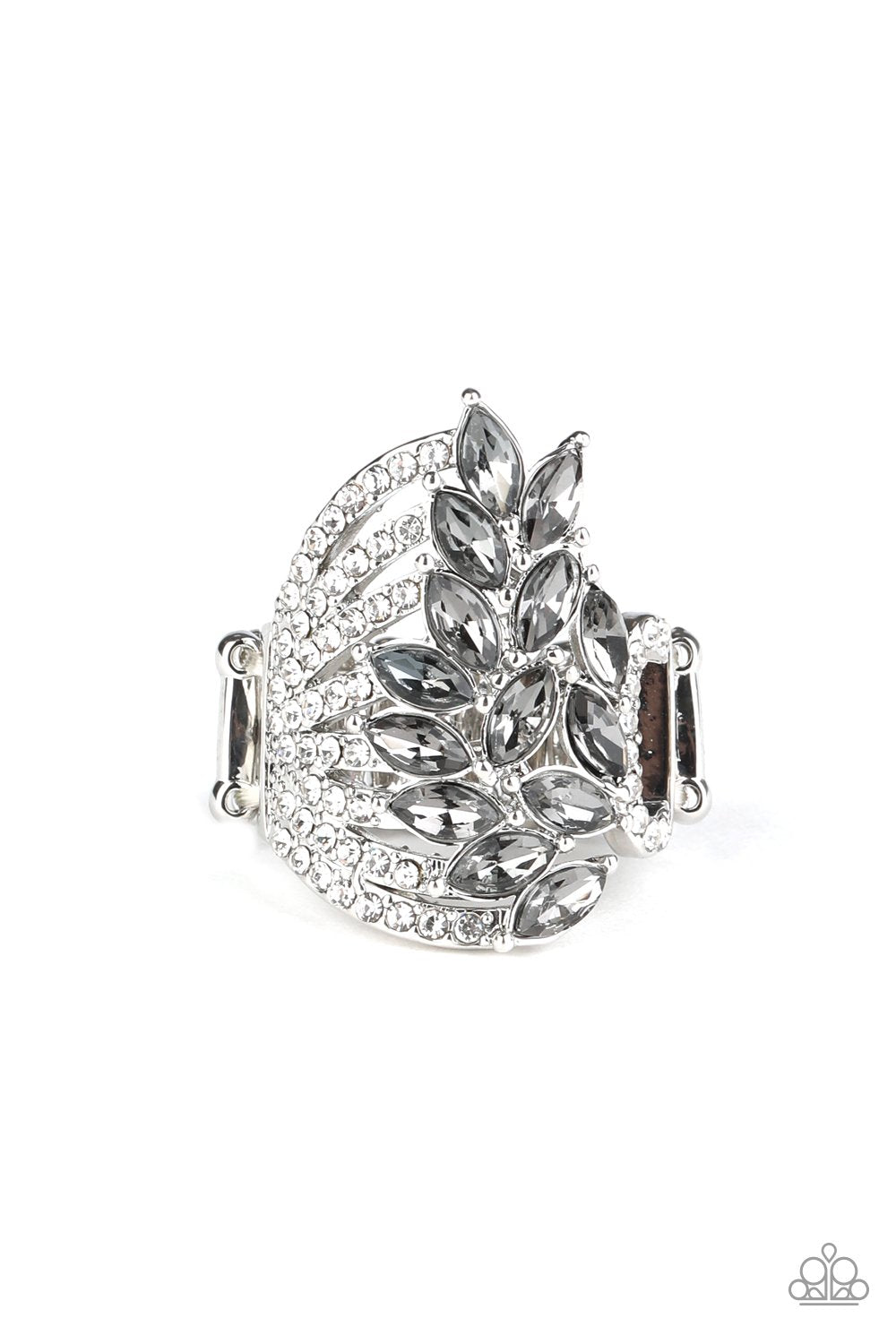 Clear Cut Cascade Silver and White Rhinestone Ring - Paparazzi Accessories- lightbox - CarasShop.com - Paparazzi Jewelry by Cara Jewels