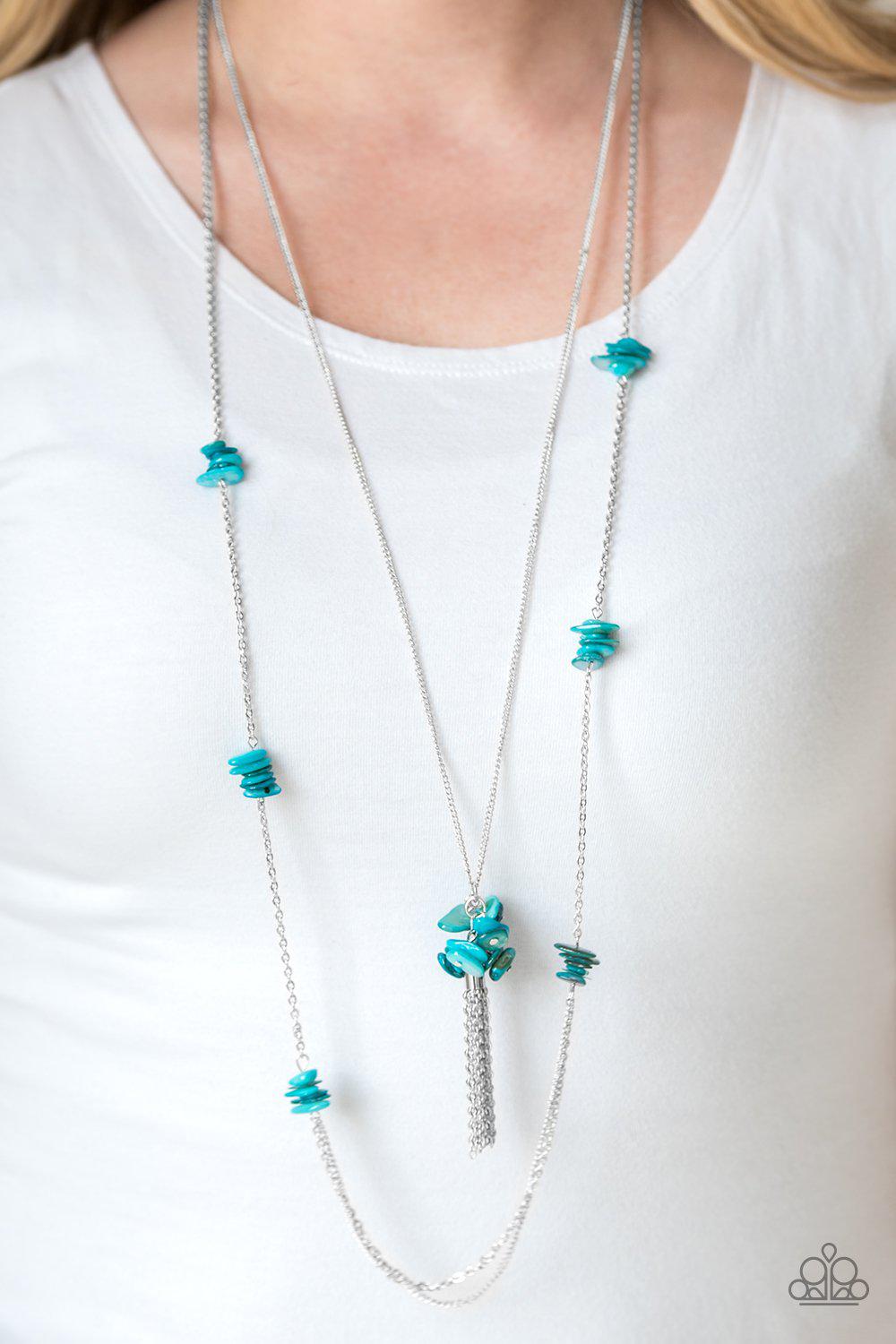 Cliff Cache Blue Stone Necklace - Paparazzi Accessories- on model - CarasShop.com - Paparazzi Jewelry by Cara Jewels