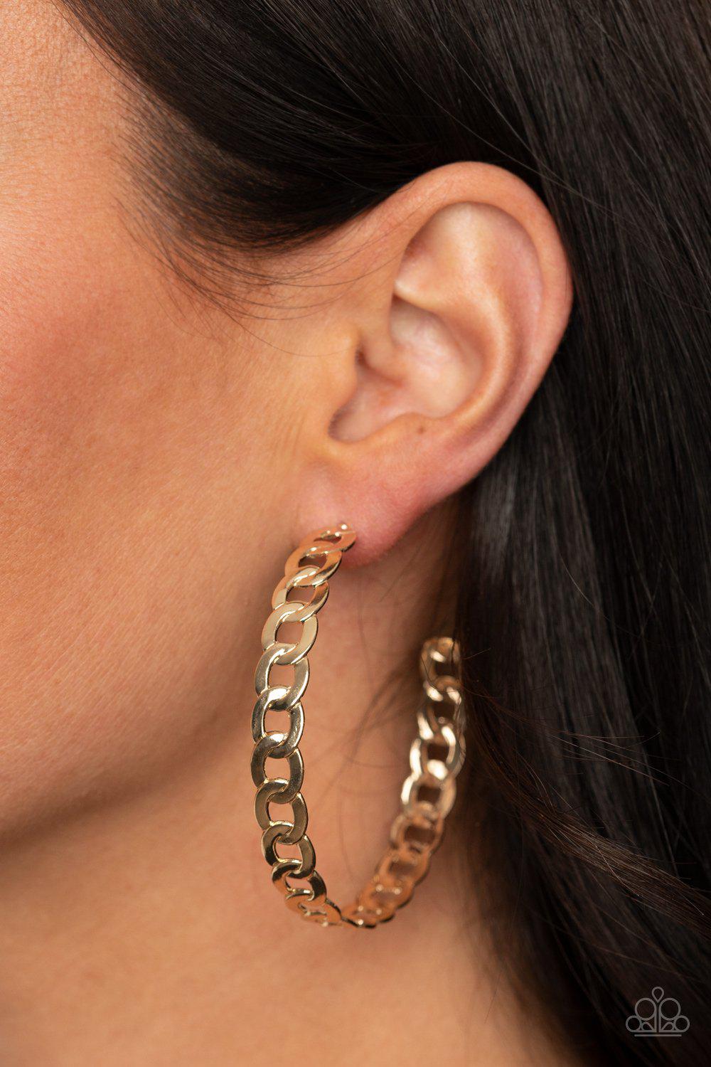 Climate CHAINge Gold Chain Link Hoop Earrings - Paparazzi Accessories- on model - CarasShop.com - Paparazzi Jewelry by Cara Jewels