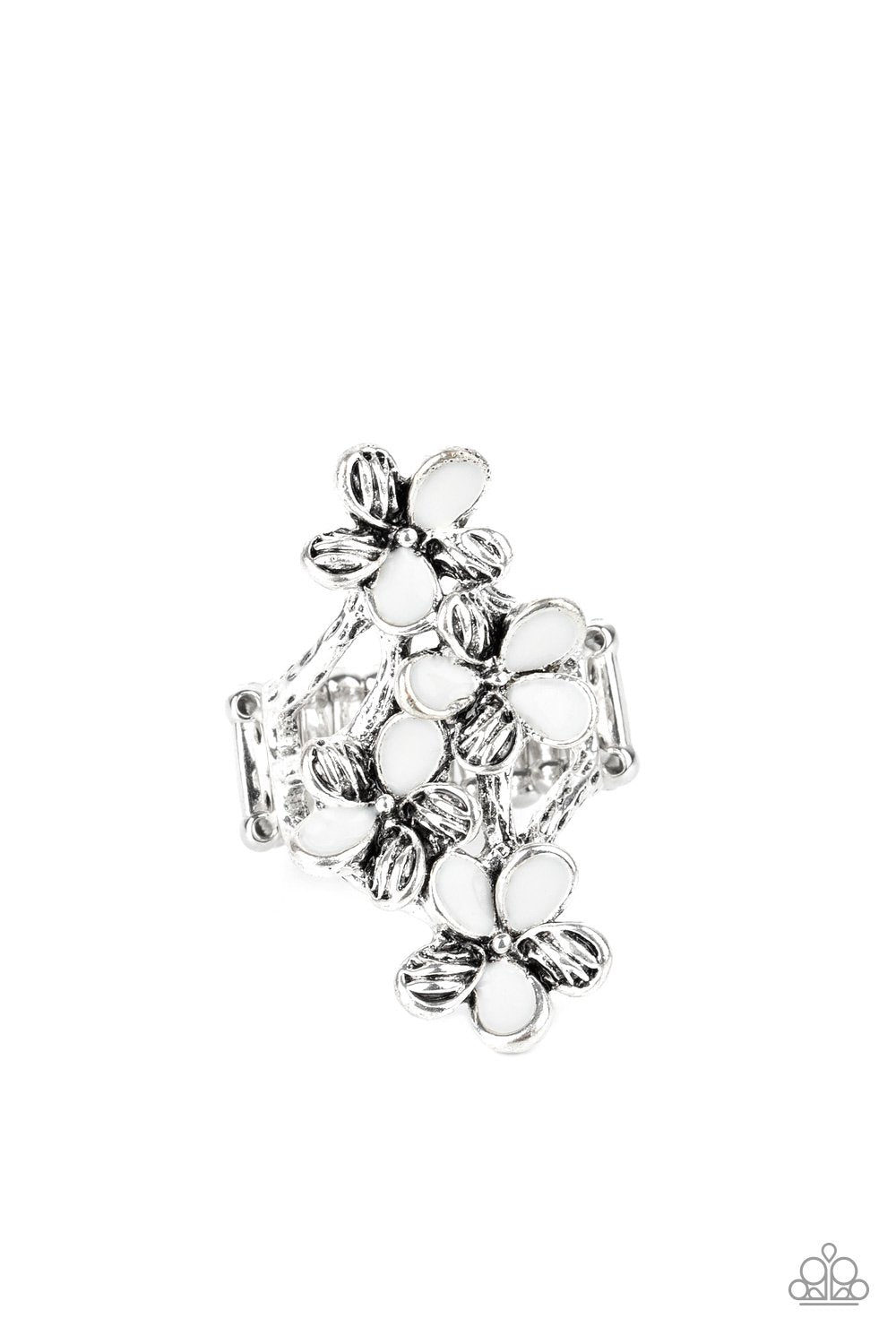 Climbing Gardens White Flower Ring - Paparazzi Accessories- lightbox - CarasShop.com - Paparazzi Jewelry by Cara Jewels