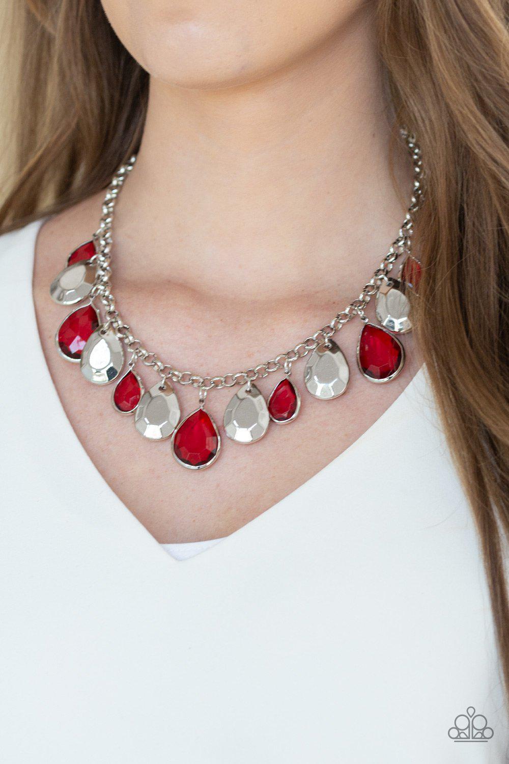 CLIQUE-bait Red and Silver Necklace - Paparazzi Accessories- on model - CarasShop.com - Paparazzi Jewelry by Cara Jewels