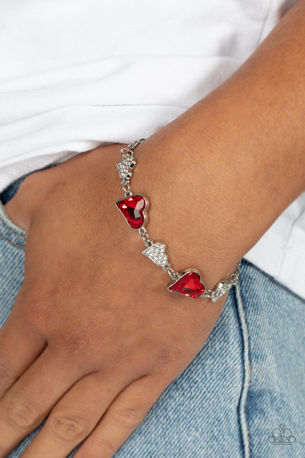 Cluelessly Crushing Red Rhinestone Heart Bracelet - Paparazzi Accessories- lightbox - CarasShop.com - Paparazzi Jewelry by Cara Jewels