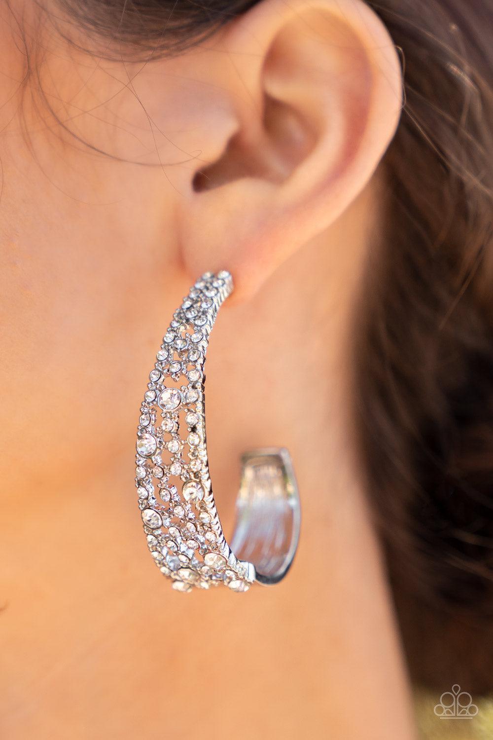 Cold As Ice White Rhinestone Hoop Earrings - Paparazzi Accessories- on model - CarasShop.com - Paparazzi Jewelry by Cara Jewels