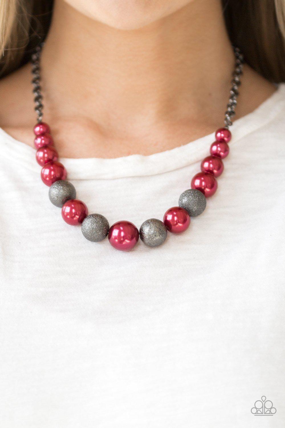 Color Me CEO Red and Gunmetal Pearl Necklace - Paparazzi Accessories- on model - CarasShop.com - Paparazzi Jewelry by Cara Jewels