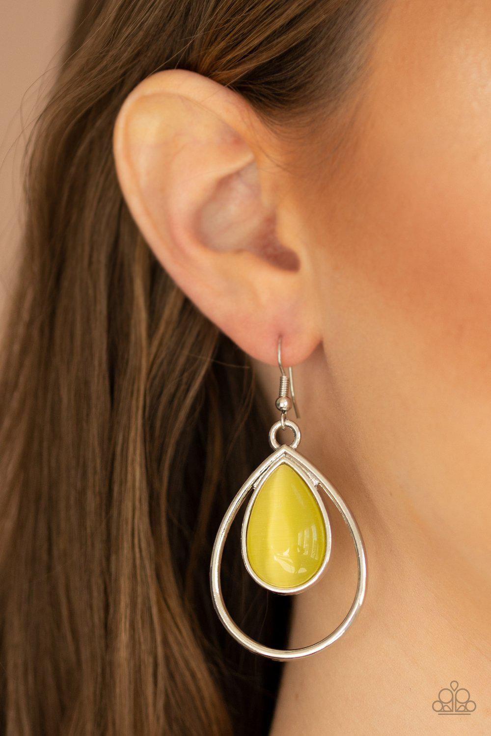 Color Me Cool Yellow Cat's Eye Earrings - Paparazzi Accessories- on model - CarasShop.com - Paparazzi Jewelry by Cara Jewels