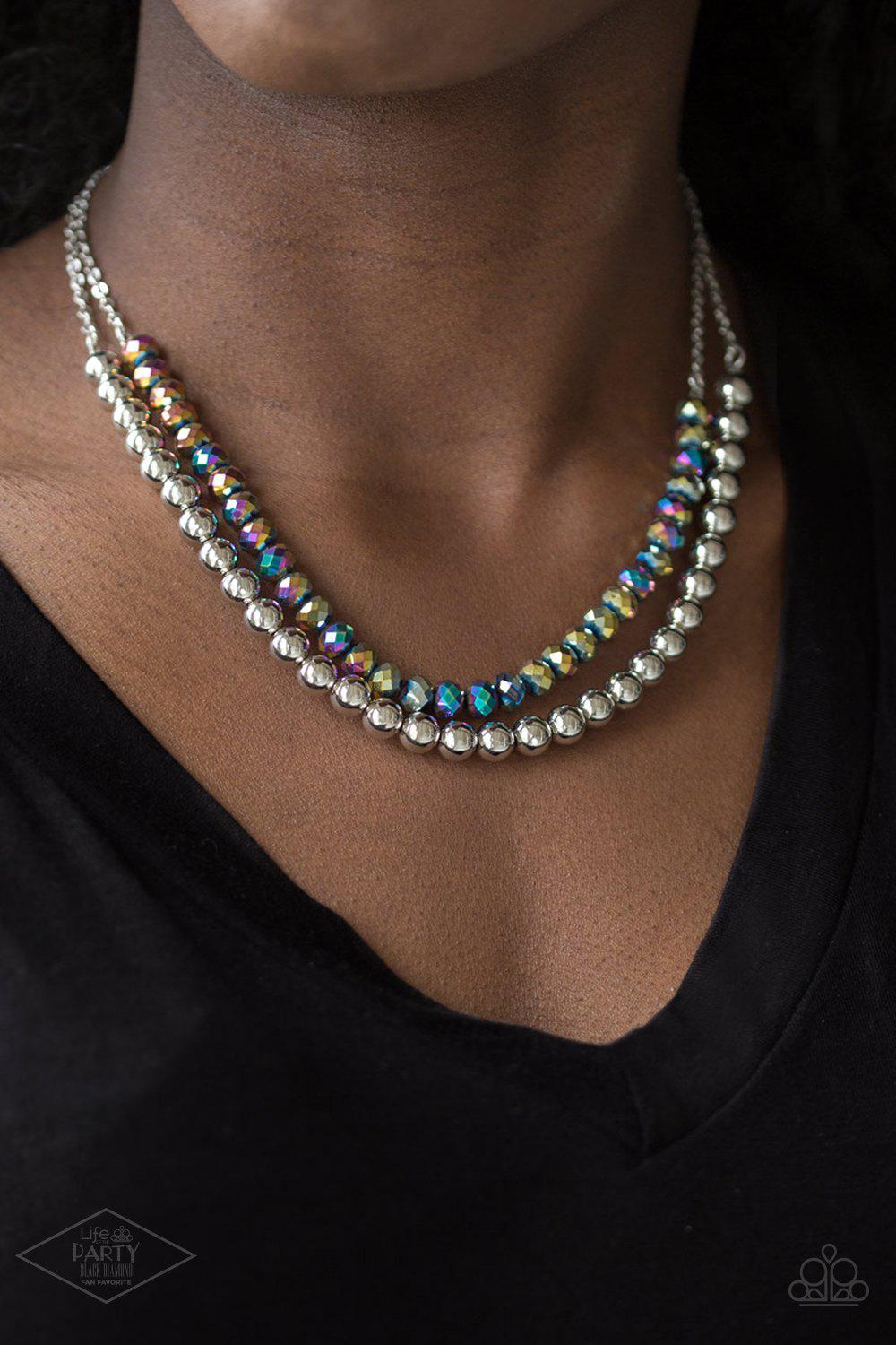Color Of The Day Multi Rainbow Iridescent and Silver Necklace - Paparazzi Accessories- on model - CarasShop.com - Paparazzi Jewelry by Cara Jewels