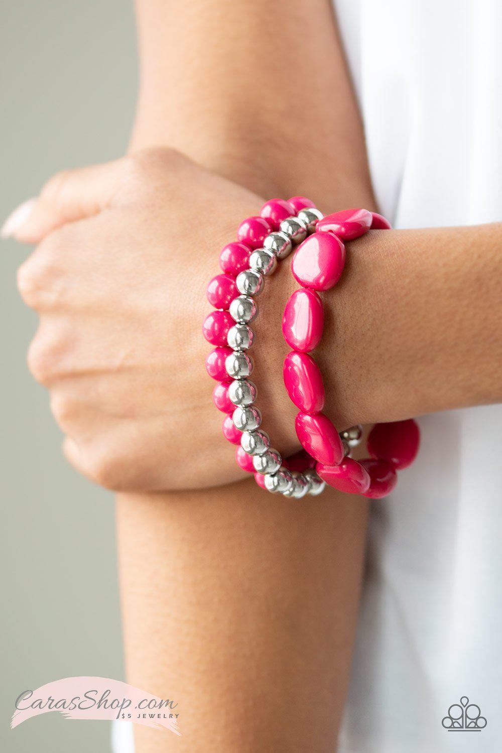 Color Venture Hot Pink and Silver Stretch Bracelet Set - Paparazzi Accessories- on model - CarasShop.com - Paparazzi Jewelry by Cara Jewels