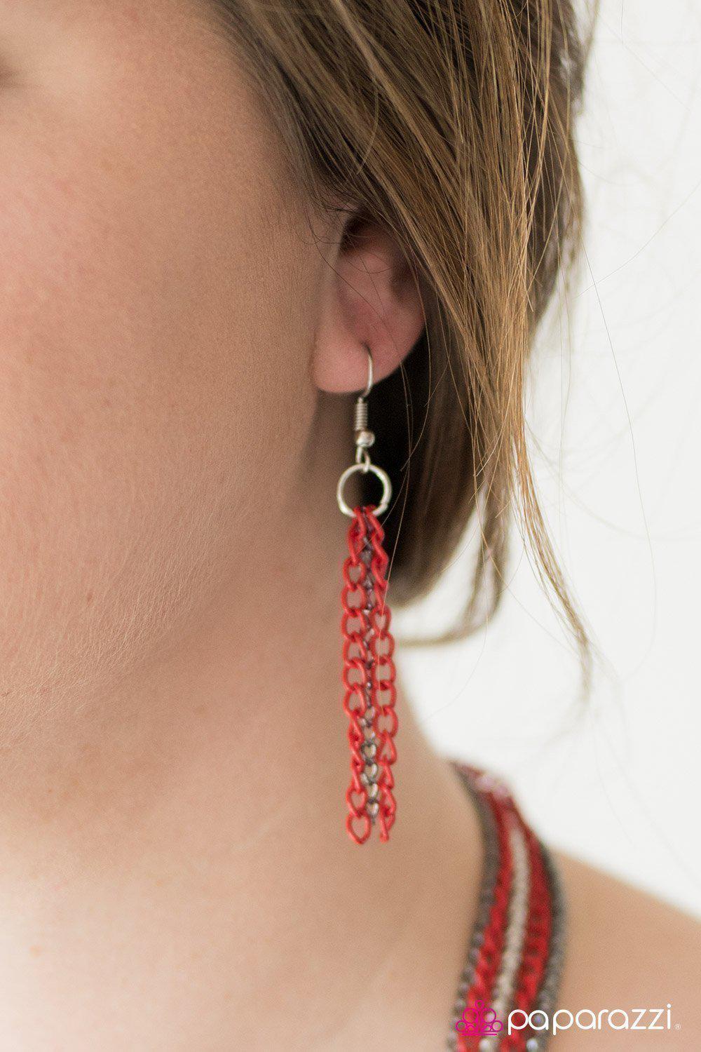 Colorful Calamity Red, Gunmetal and Silver Necklace - Paparazzi Accessories - free matching earrings -CarasShop.com - Paparazzi Jewelry by Cara Jewels