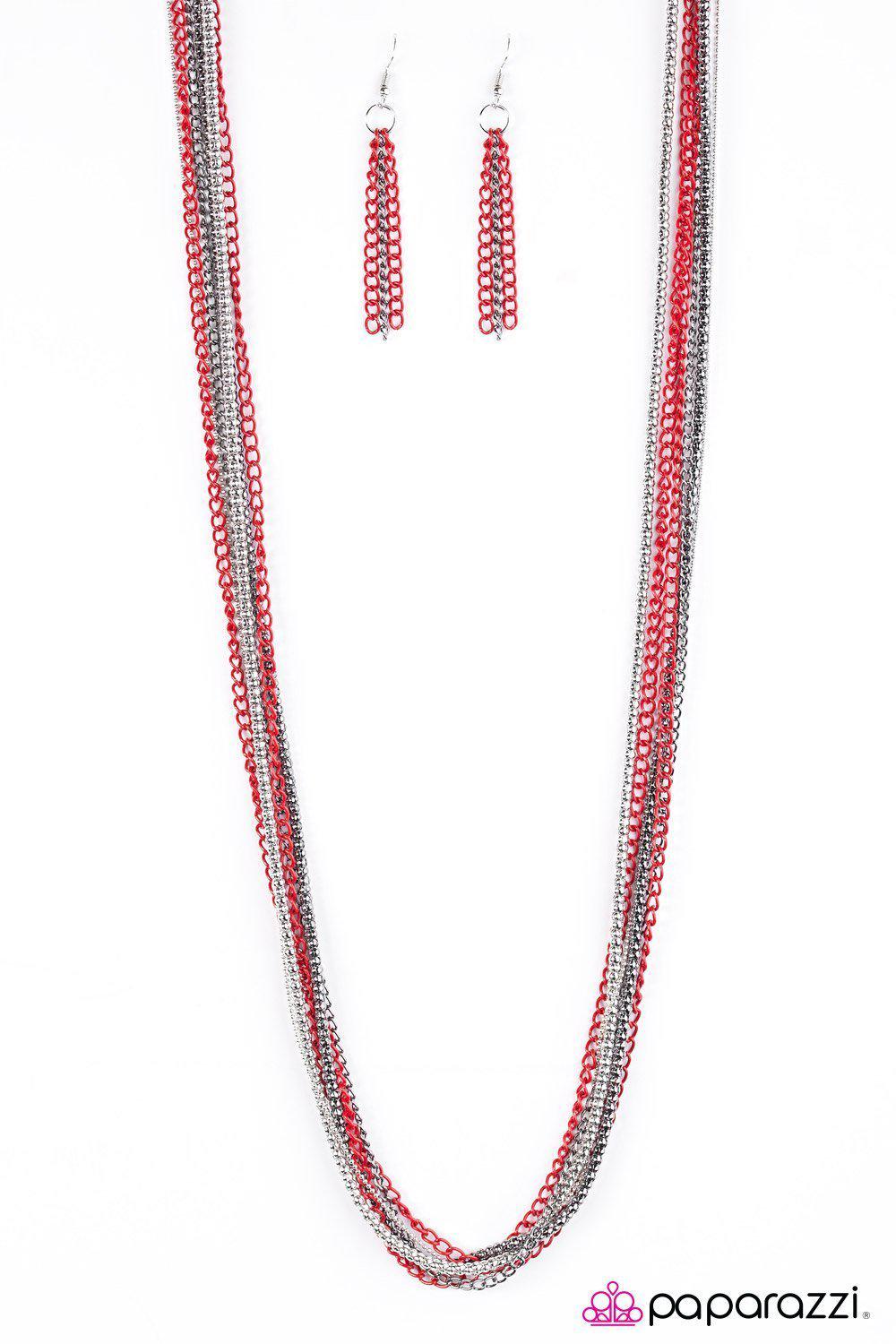 Colorful Calamity Red, Gunmetal and Silver Necklace - Paparazzi Accessories- lightbox - CarasShop.com - Paparazzi Jewelry by Cara Jewels