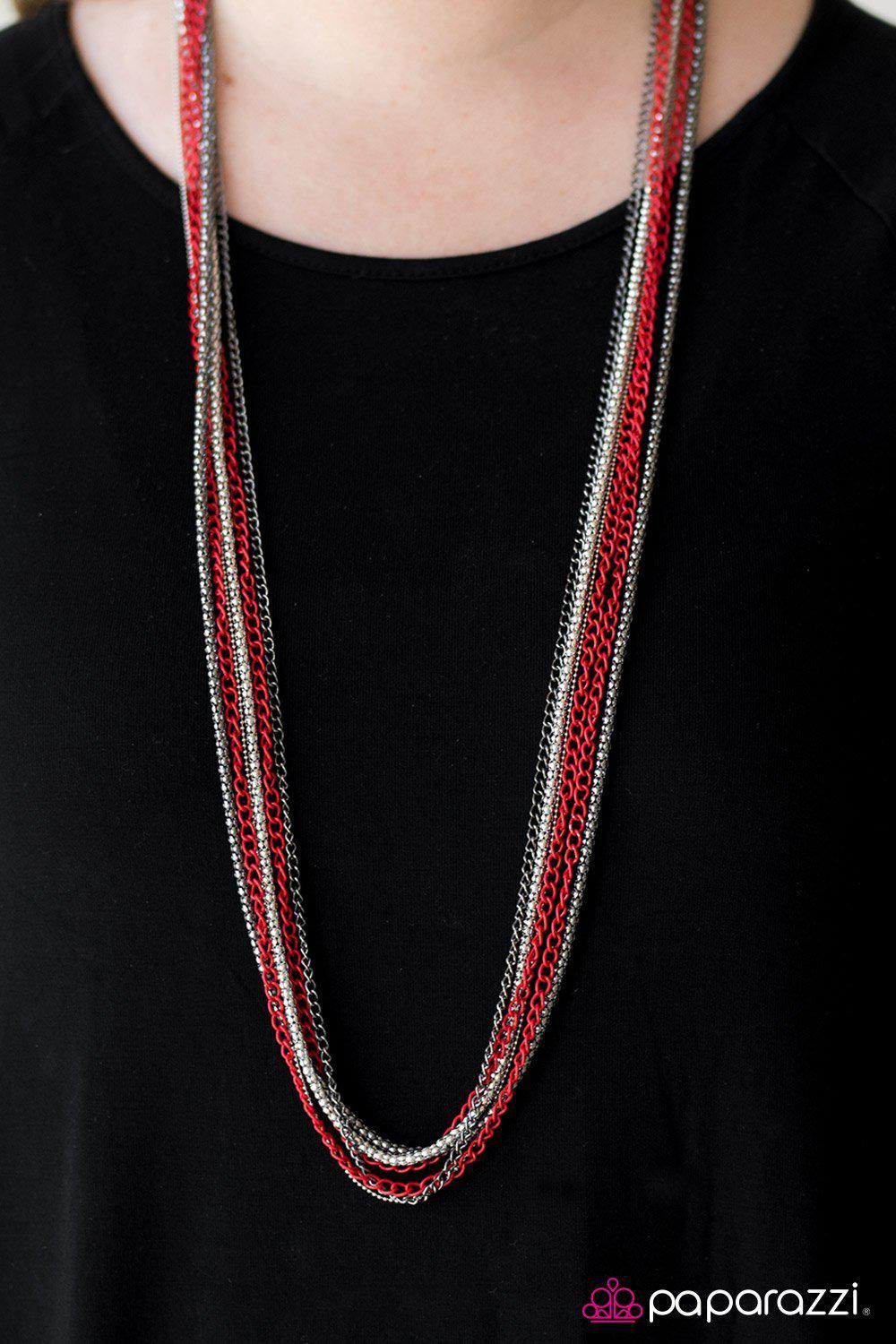 Colorful Calamity Red, Gunmetal and Silver Necklace - Paparazzi Accessories- on model - CarasShop.com - Paparazzi Jewelry by Cara Jewels