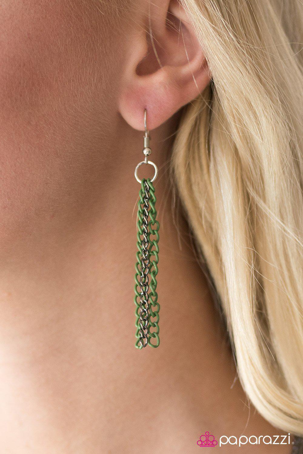 Colorful Calamity Silver, Gunmetal and Green Chain Necklace - Paparazzi Accessories - free matching earrings -CarasShop.com - Paparazzi Jewelry by Cara Jewels