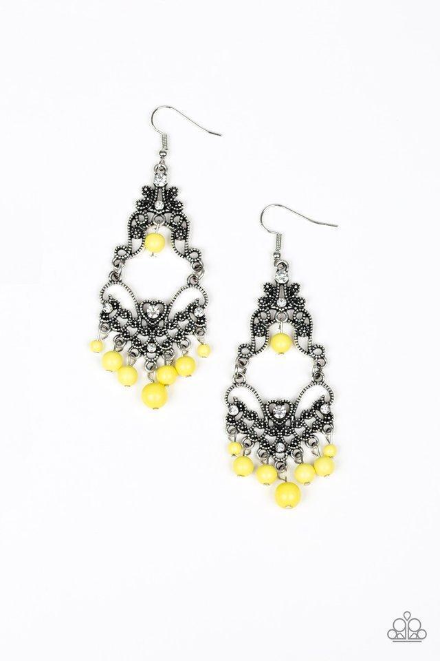 Colorfully Cabaret Yellow Earrings - Paparazzi Accessories- lightbox - CarasShop.com - Paparazzi Jewelry by Cara Jewels
