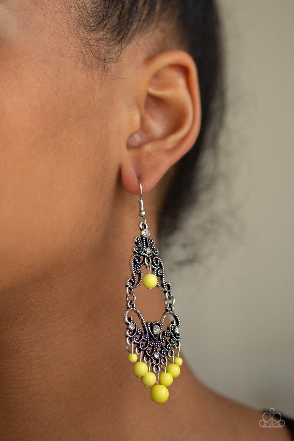 Colorfully Cabaret Yellow Earrings - Paparazzi Accessories- on model - CarasShop.com - Paparazzi Jewelry by Cara Jewels