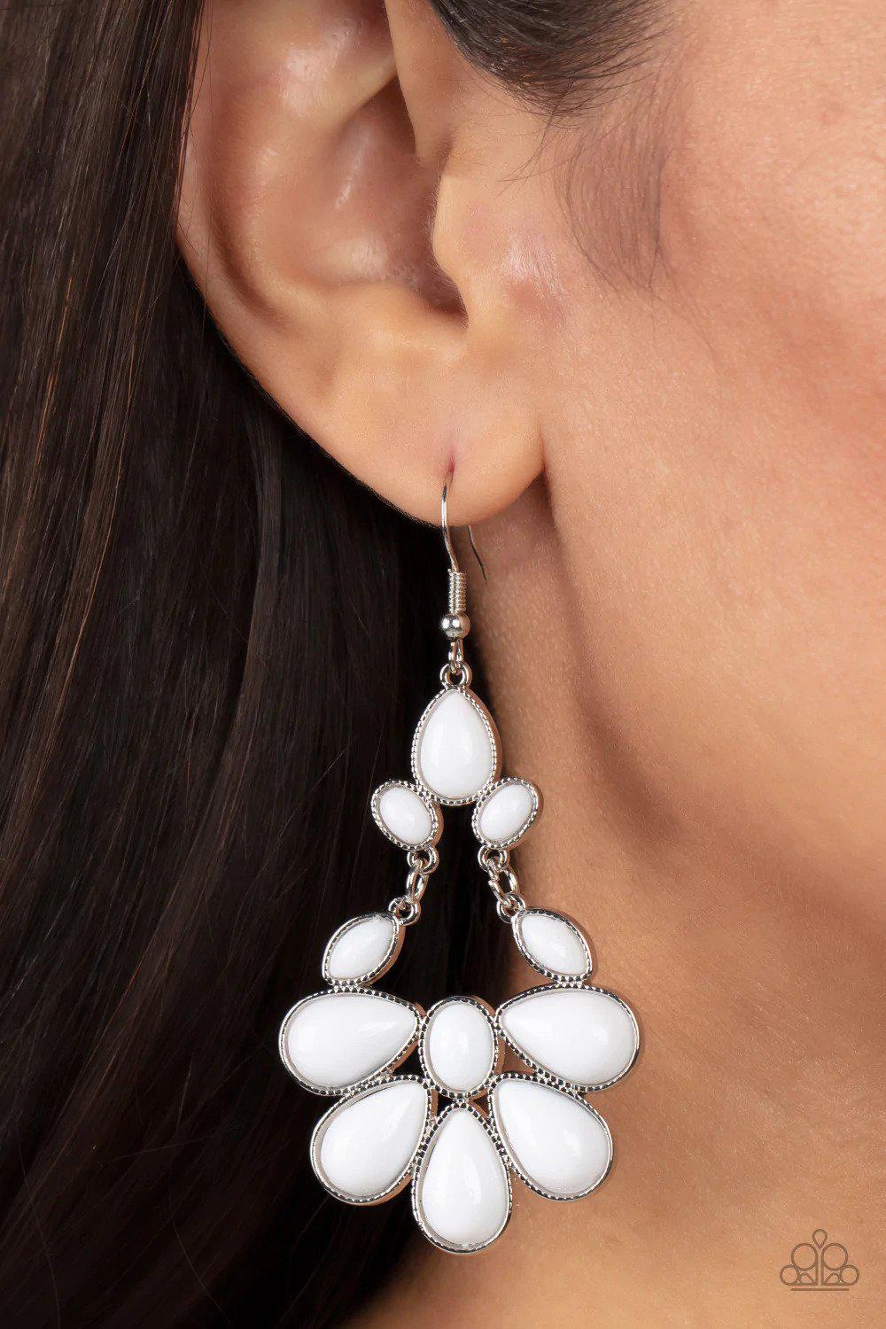 Colorfully Canopy White Earrings - Paparazzi Accessories- on model - CarasShop.com - Paparazzi Jewelry by Cara Jewels