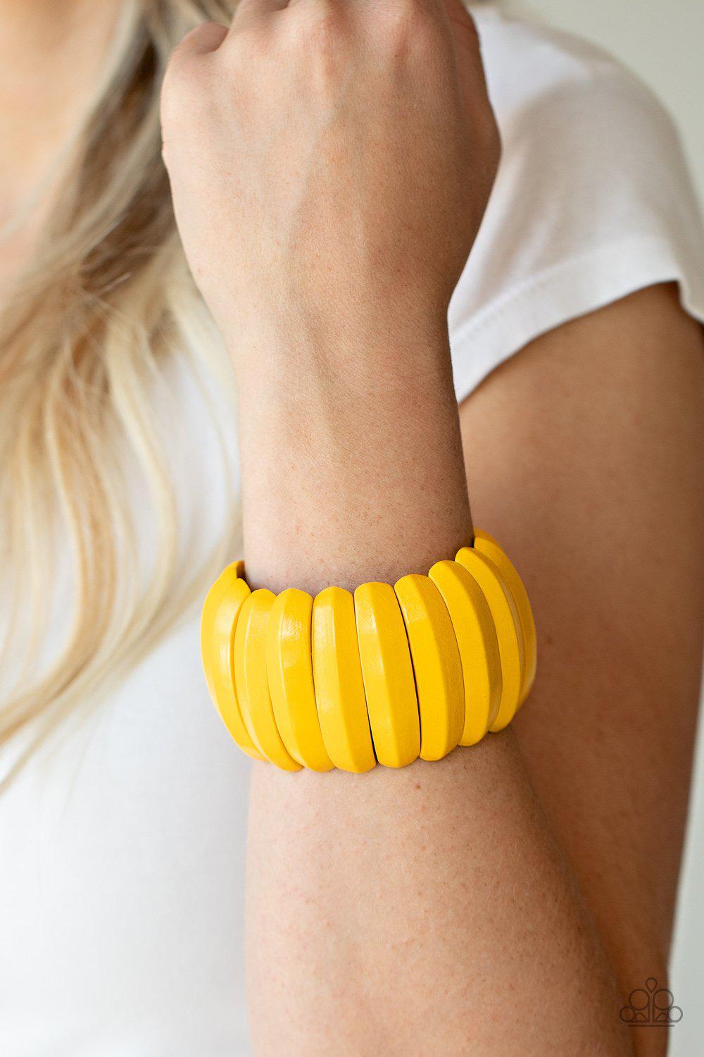 Colorfully Congo Yellow Wood Bracelet - Paparazzi Accessories- on model - CarasShop.com - Paparazzi Jewelry by Cara Jewels