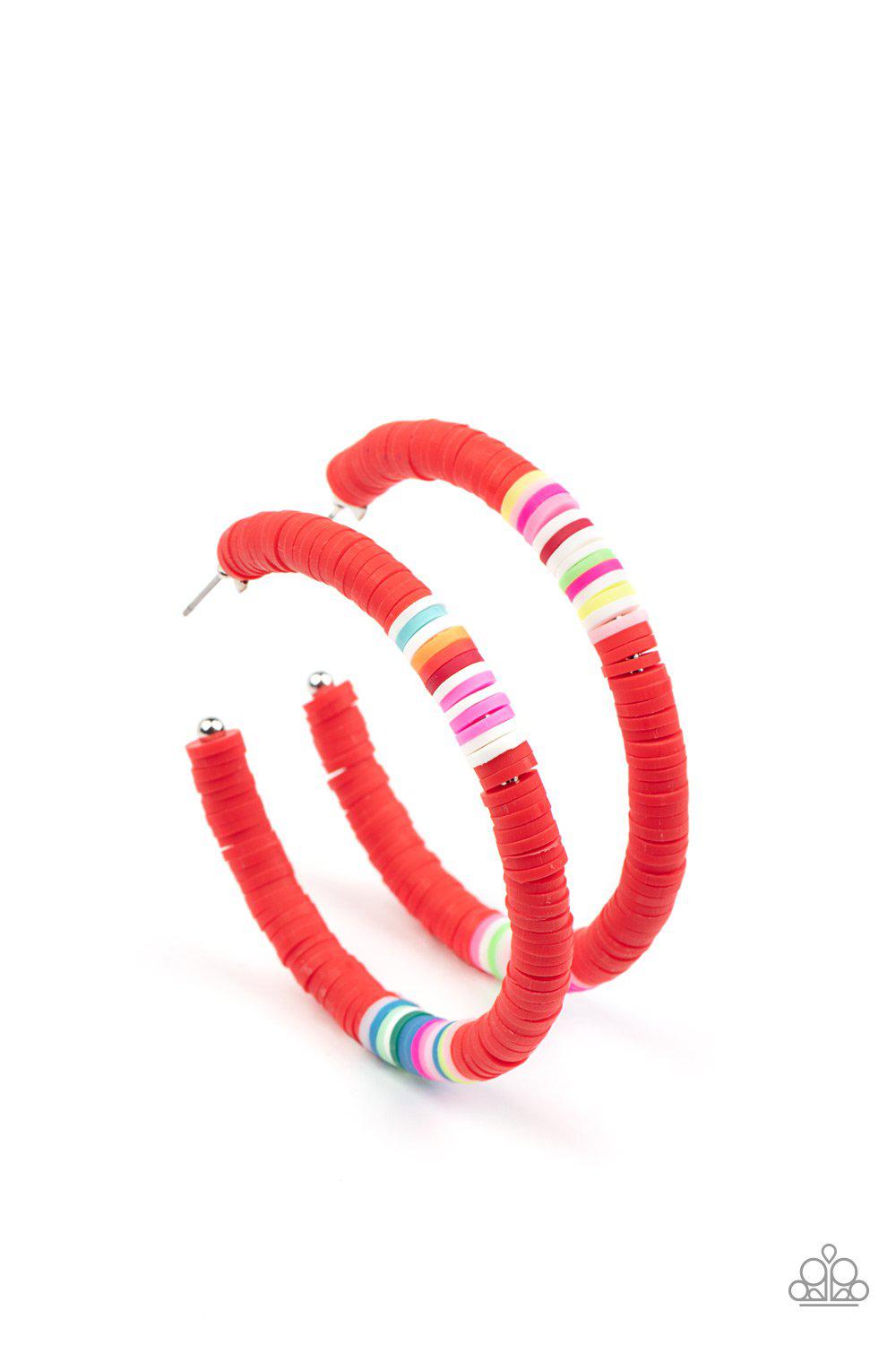 Colorfully Contagious Red Hoop Earrings - Paparazzi Accessories- lightbox - CarasShop.com - Paparazzi Jewelry by Cara Jewels