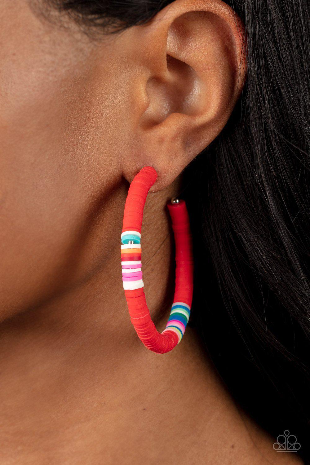 Colorfully Contagious Red Hoop Earrings - Paparazzi Accessories- lightbox - CarasShop.com - Paparazzi Jewelry by Cara Jewels