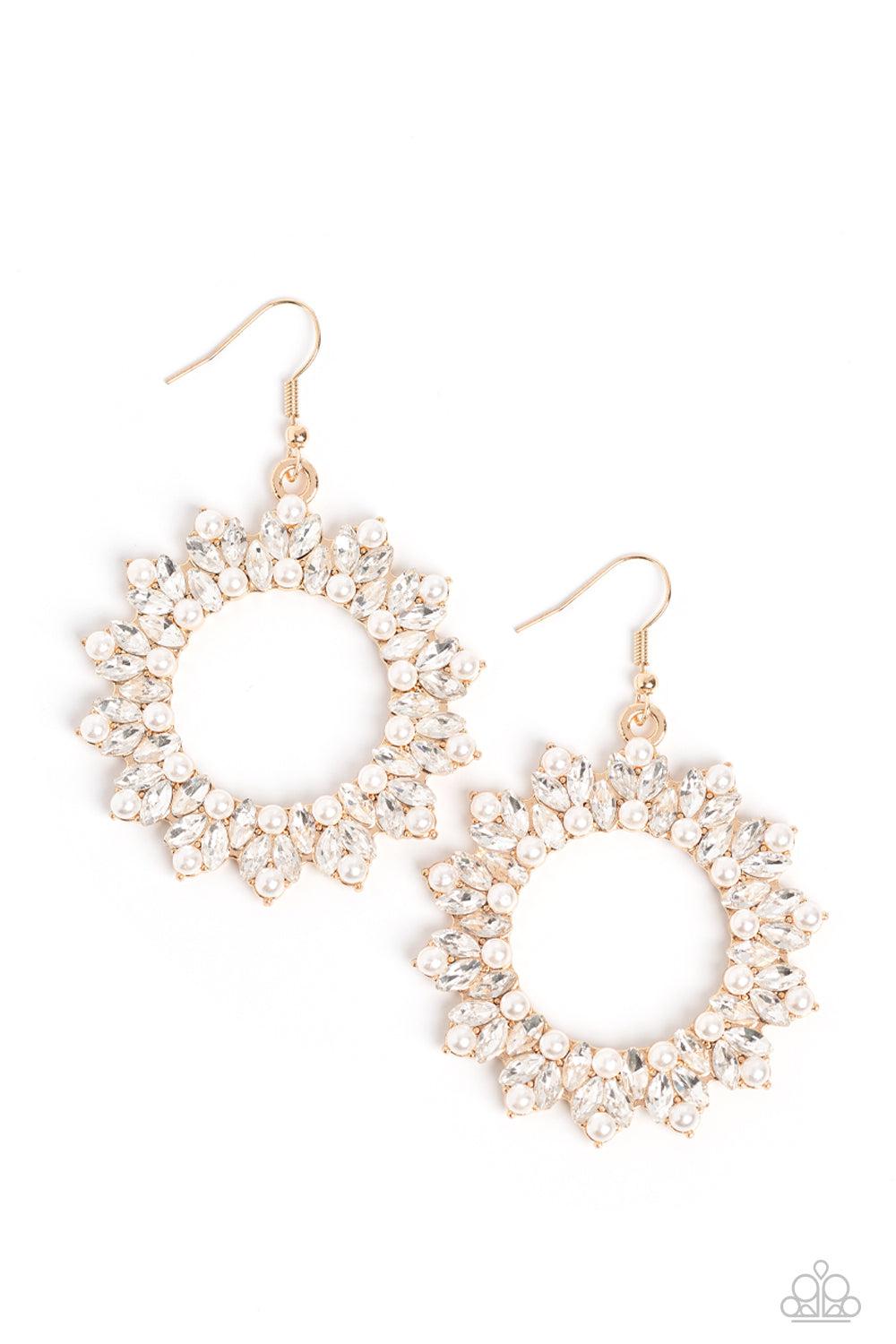 Combustible Couture Gold & White Rhinestone Earrings - Paparazzi Accessories- lightbox - CarasShop.com - Paparazzi Jewelry by Cara Jewels
