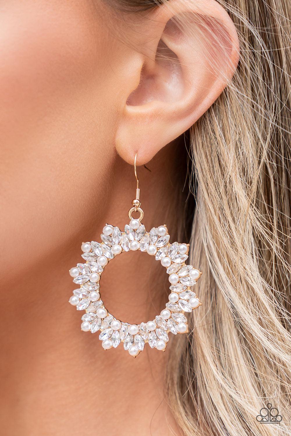 Combustible Couture Gold & White Rhinestone Earrings - Paparazzi Accessories- on model - CarasShop.com - Paparazzi Jewelry by Cara Jewels