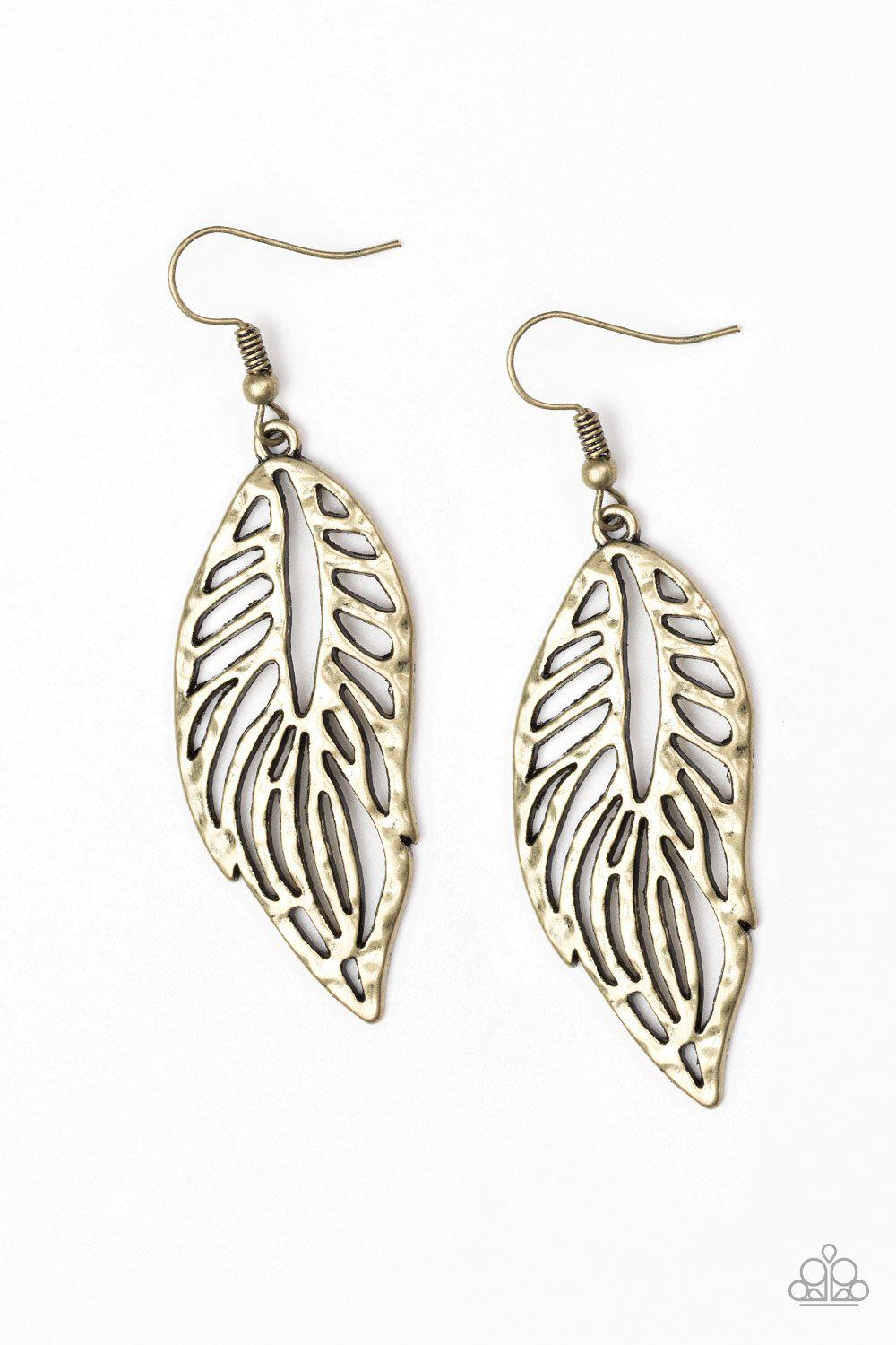 Come Home To Roost Brass Feather Earrings - Paparazzi Accessories- lightbox - CarasShop.com - Paparazzi Jewelry by Cara Jewels