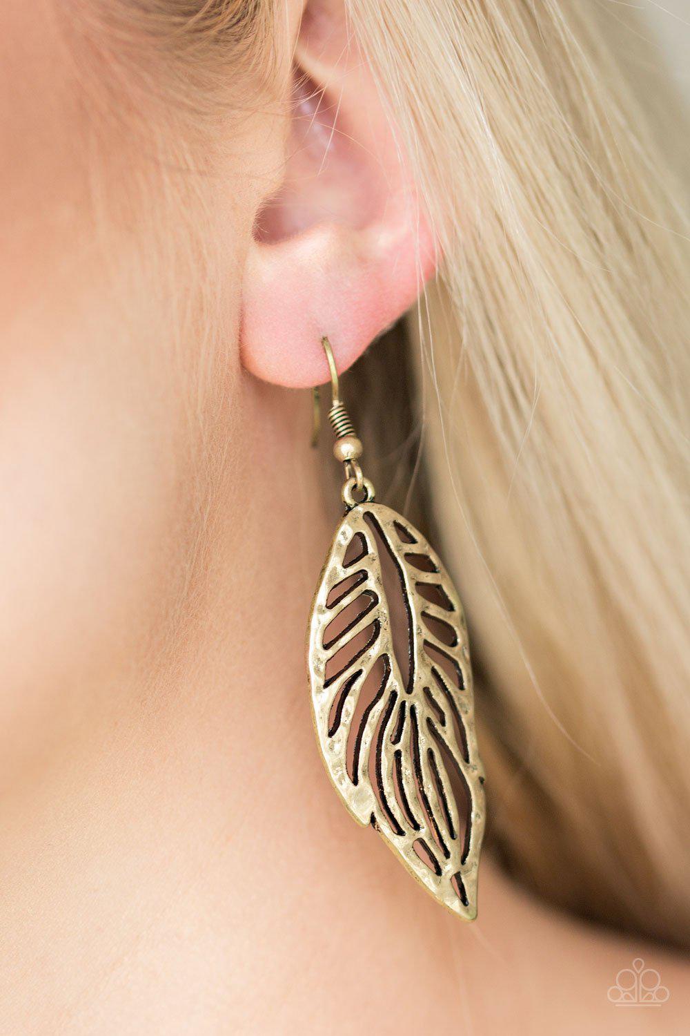 Come Home To Roost Brass Feather Earrings - Paparazzi Accessories- on model - CarasShop.com - Paparazzi Jewelry by Cara Jewels