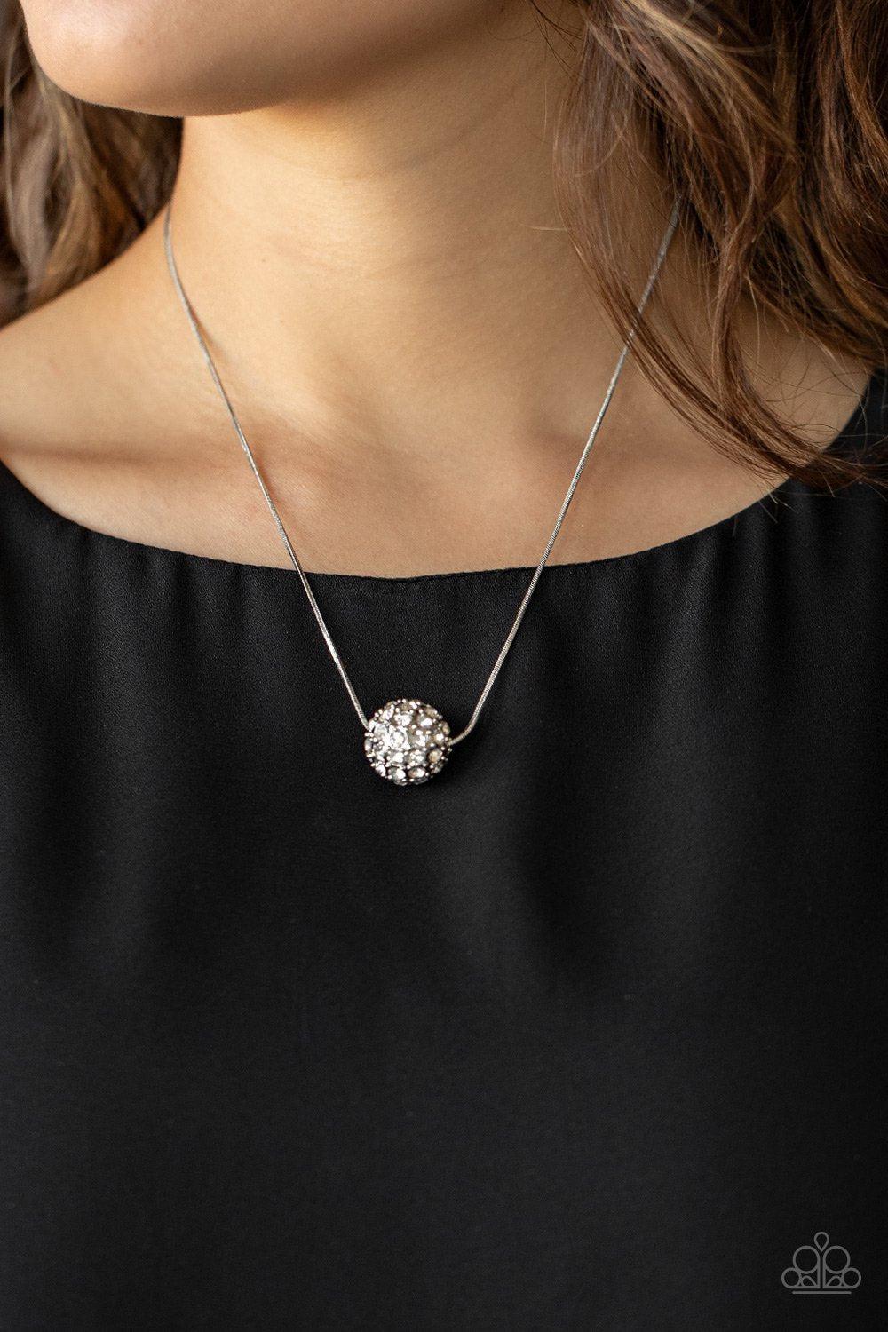 Come Out Of Your BOMBSHELL White Rhinestone Necklace - Paparazzi Accessories- on model - CarasShop.com - Paparazzi Jewelry by Cara Jewels