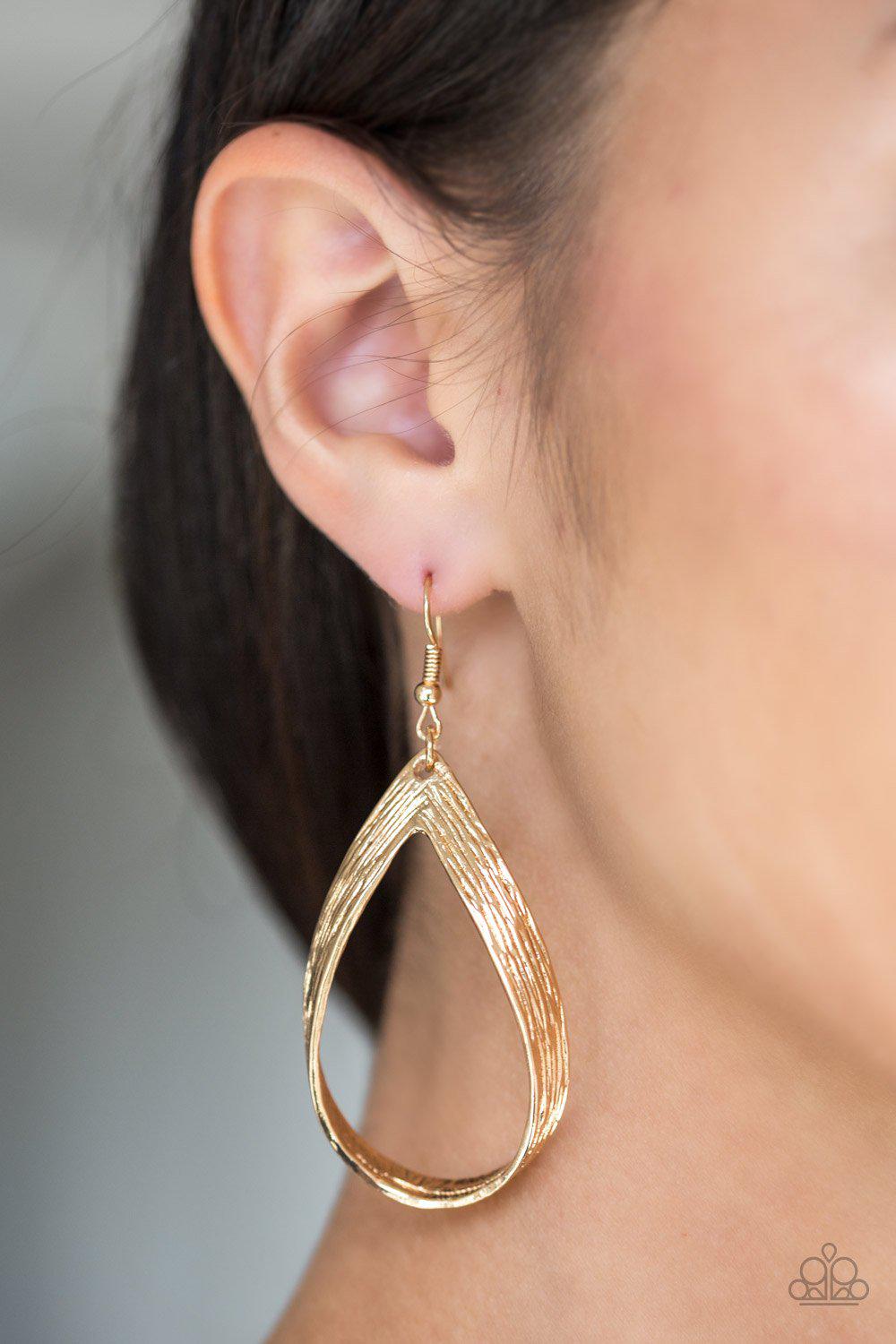 Come Reign Or Shine Gold Earrings - Paparazzi Accessories- on model - CarasShop.com - Paparazzi Jewelry by Cara Jewels