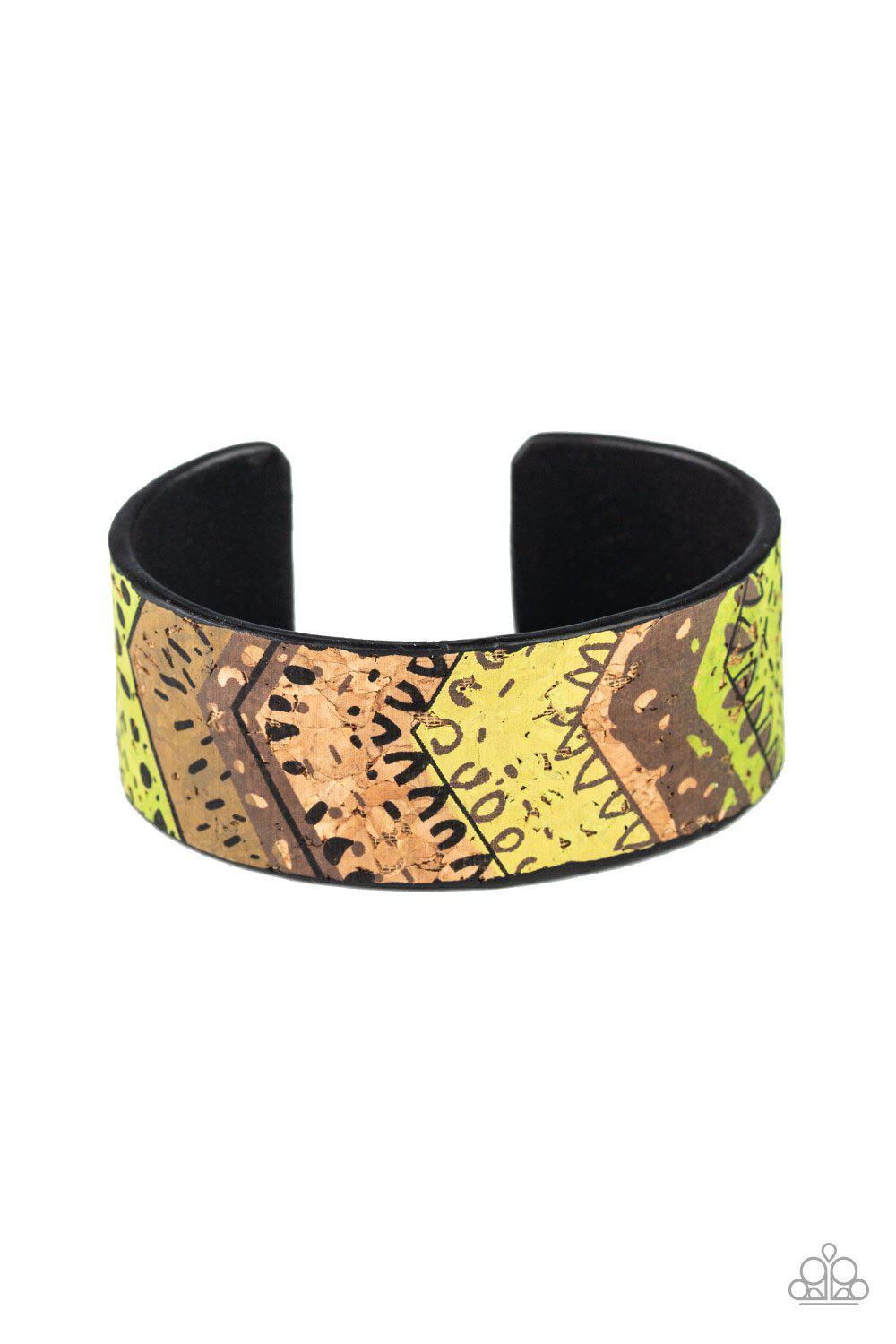 Come Uncorked Green Cork Cuff Bracelet - Paparazzi Accessories- lightbox - CarasShop.com - Paparazzi Jewelry by Cara Jewels