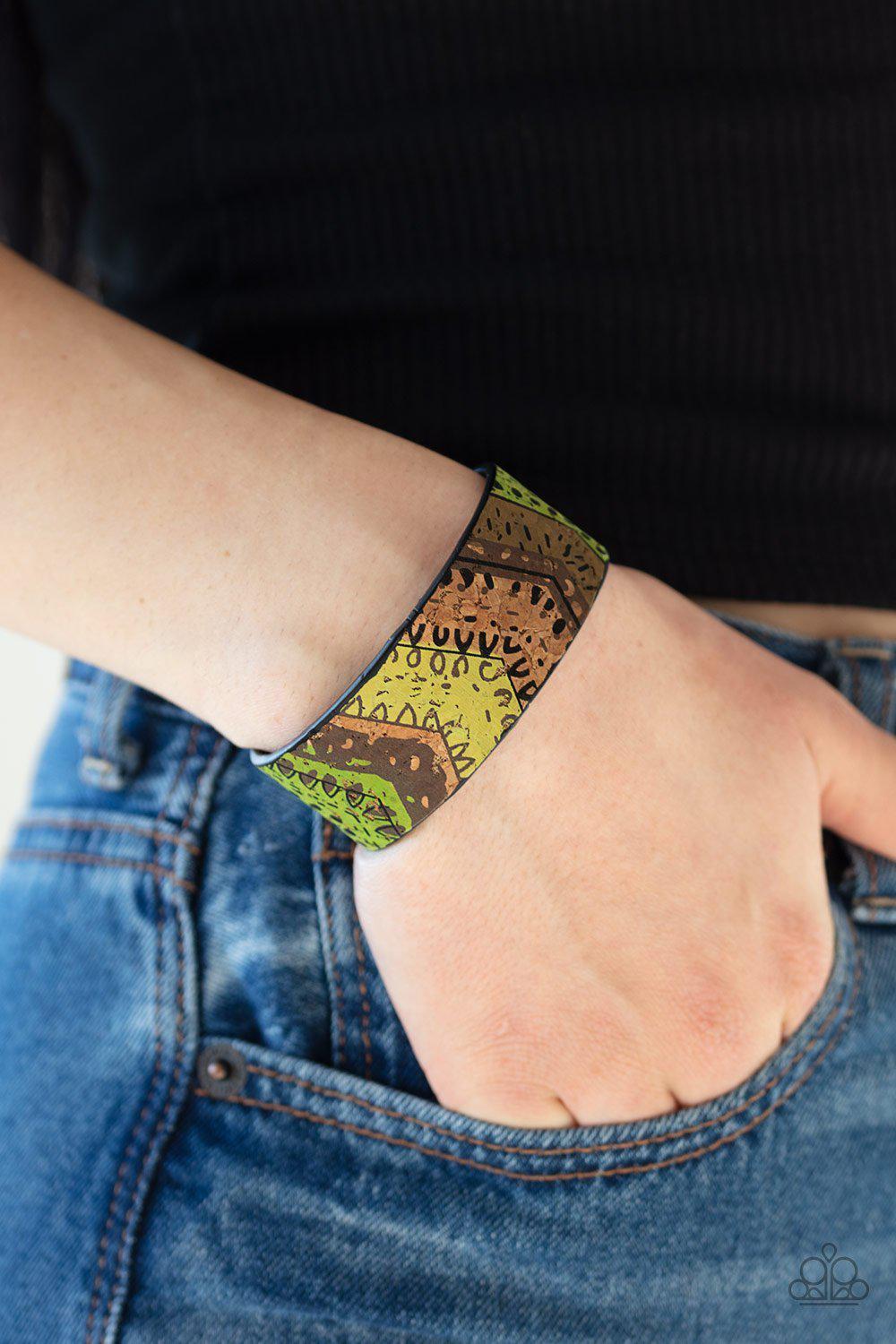 Come Uncorked Green Cork Cuff Bracelet - Paparazzi Accessories- on model - CarasShop.com - Paparazzi Jewelry by Cara Jewels