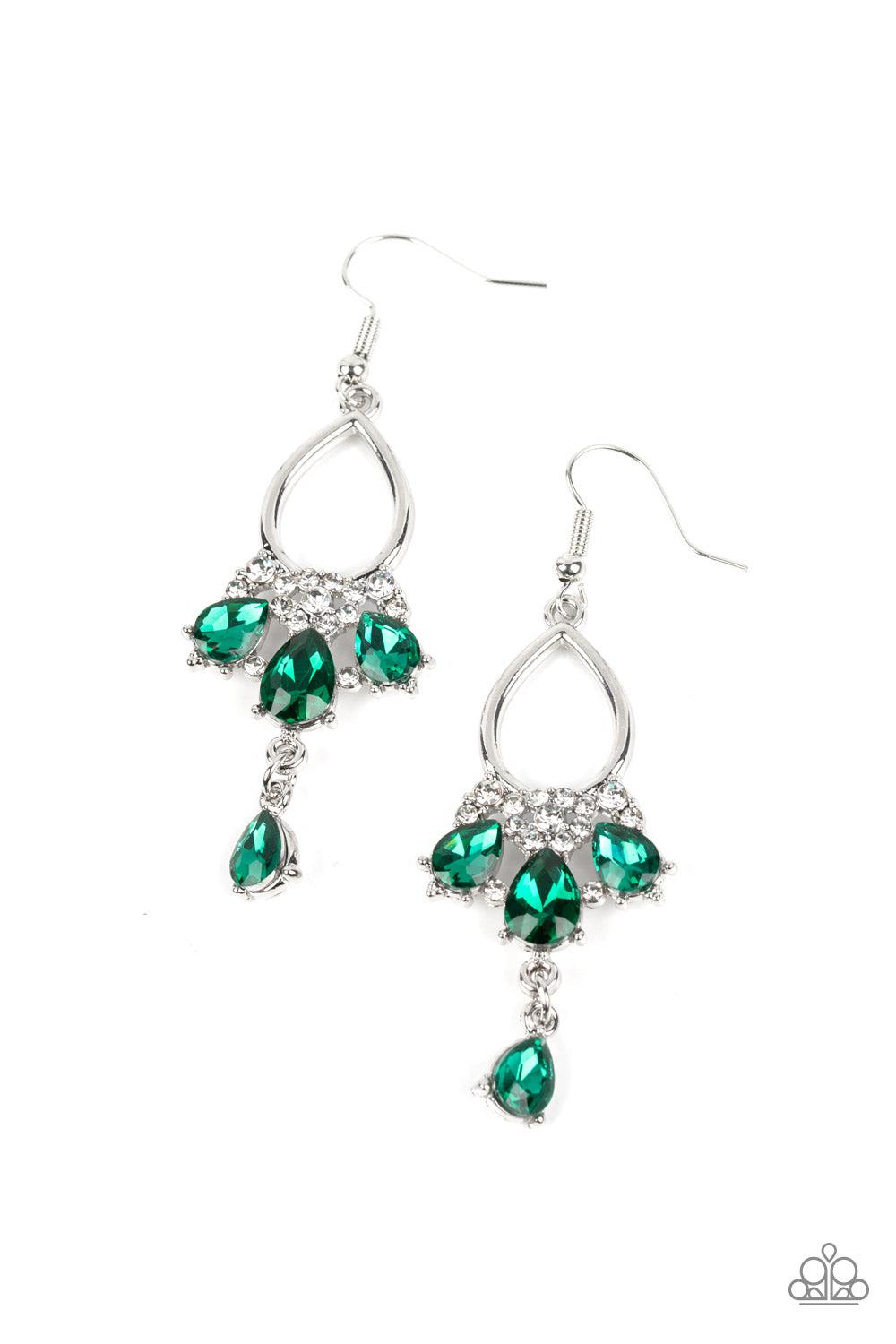 Coming in Clutch Green Rhinestone Earrings - Paparazzi Accessories- lightbox - CarasShop.com - Paparazzi Jewelry by Cara Jewels
