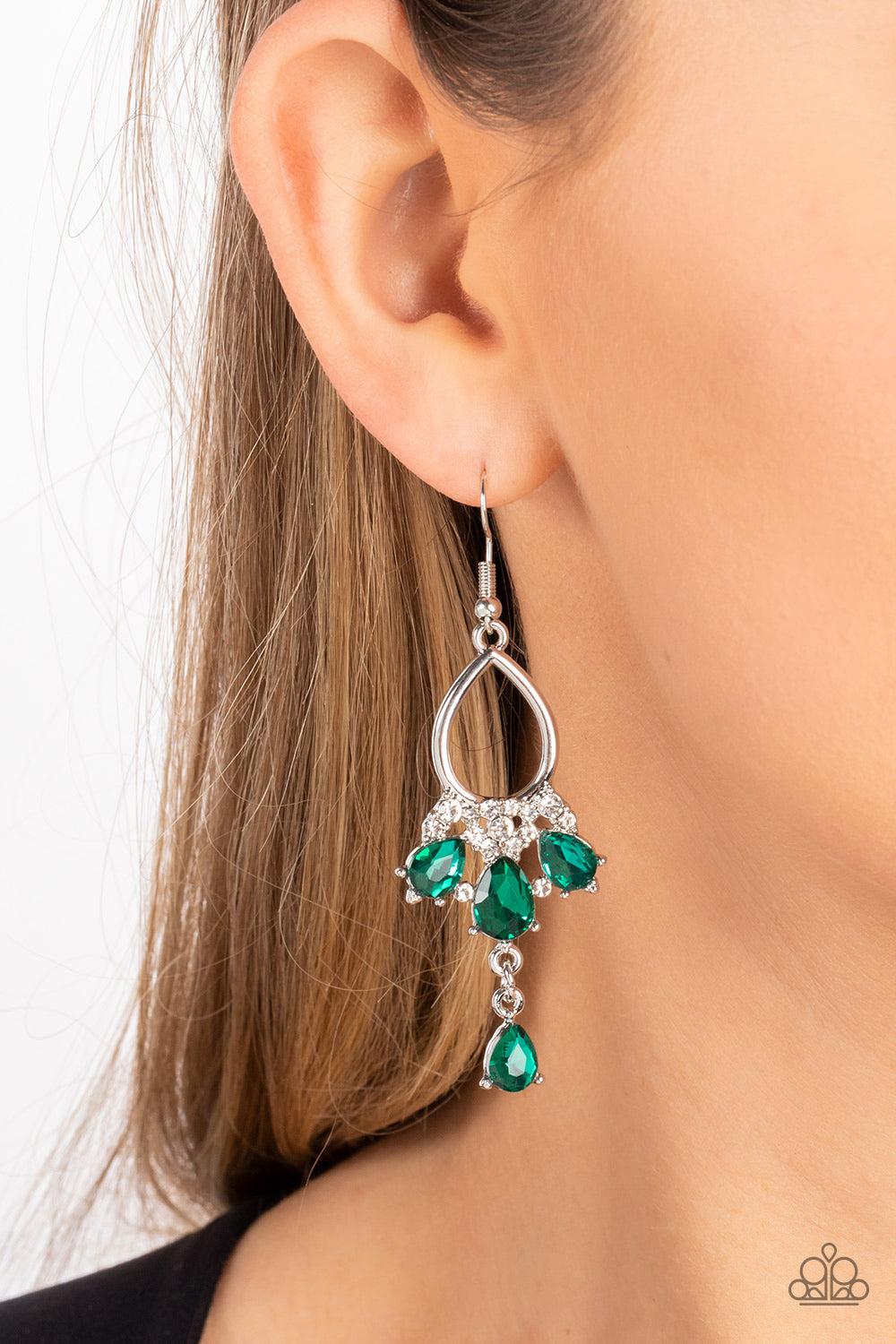 Coming in Clutch Green Rhinestone Earrings - Paparazzi Accessories- on model - CarasShop.com - Paparazzi Jewelry by Cara Jewels