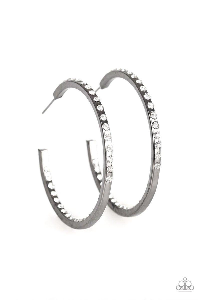 Coming Into Money Gunmetal Black and White Rhinestone Hoop Earrings - Paparazzi Accessories- lightbox - CarasShop.com - Paparazzi Jewelry by Cara Jewels