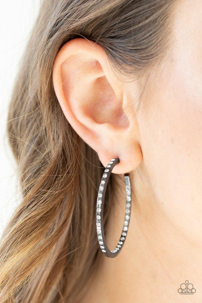 Coming Into Money Gunmetal Black and White Rhinestone Hoop Earrings - Paparazzi Accessories- on model - CarasShop.com - Paparazzi Jewelry by Cara Jewels