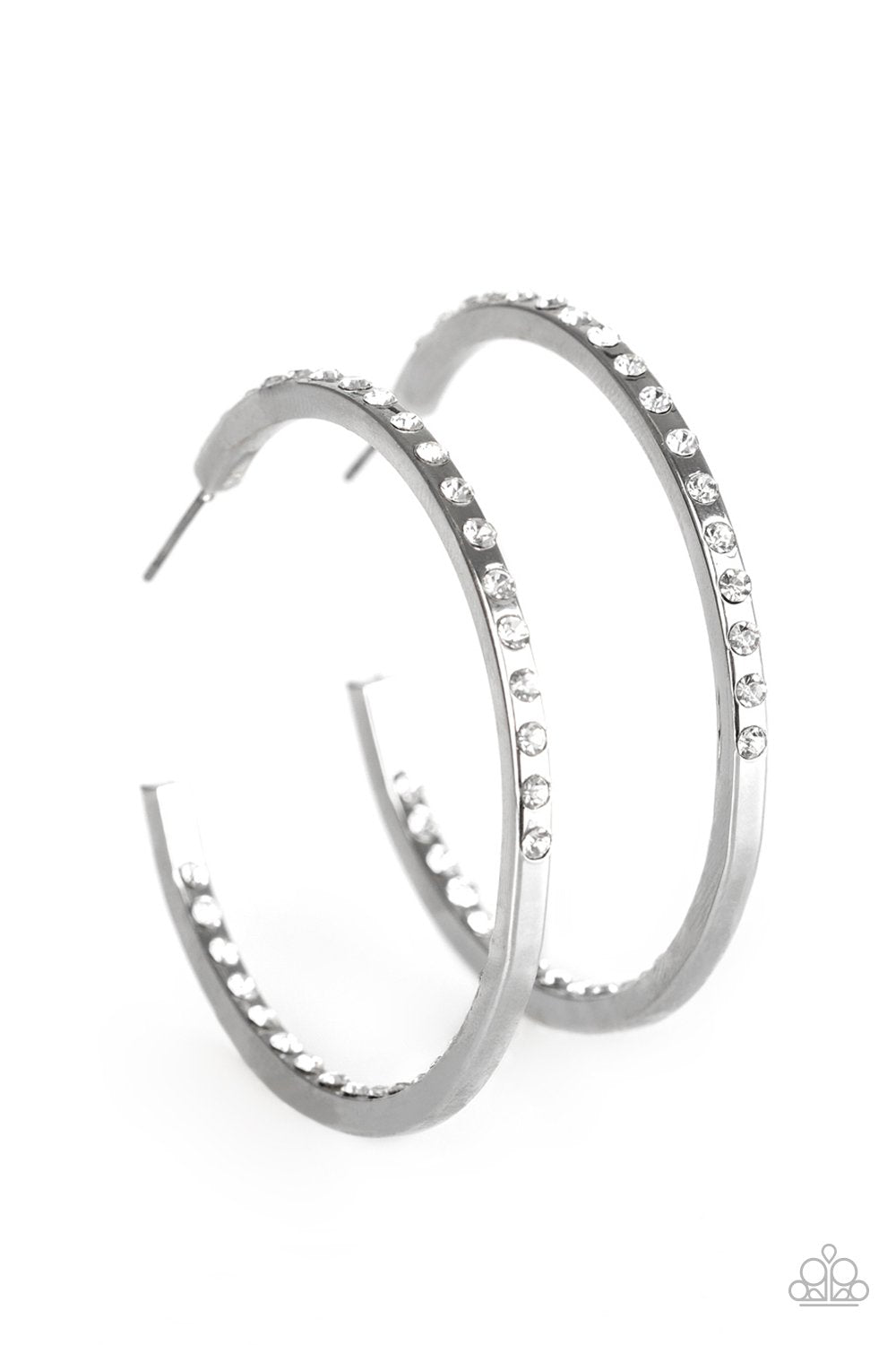 Coming Into Money Silver and White Rhinestone Hoop Earrings - Paparazzi Accessories- lightbox - CarasShop.com - Paparazzi Jewelry by Cara Jewels