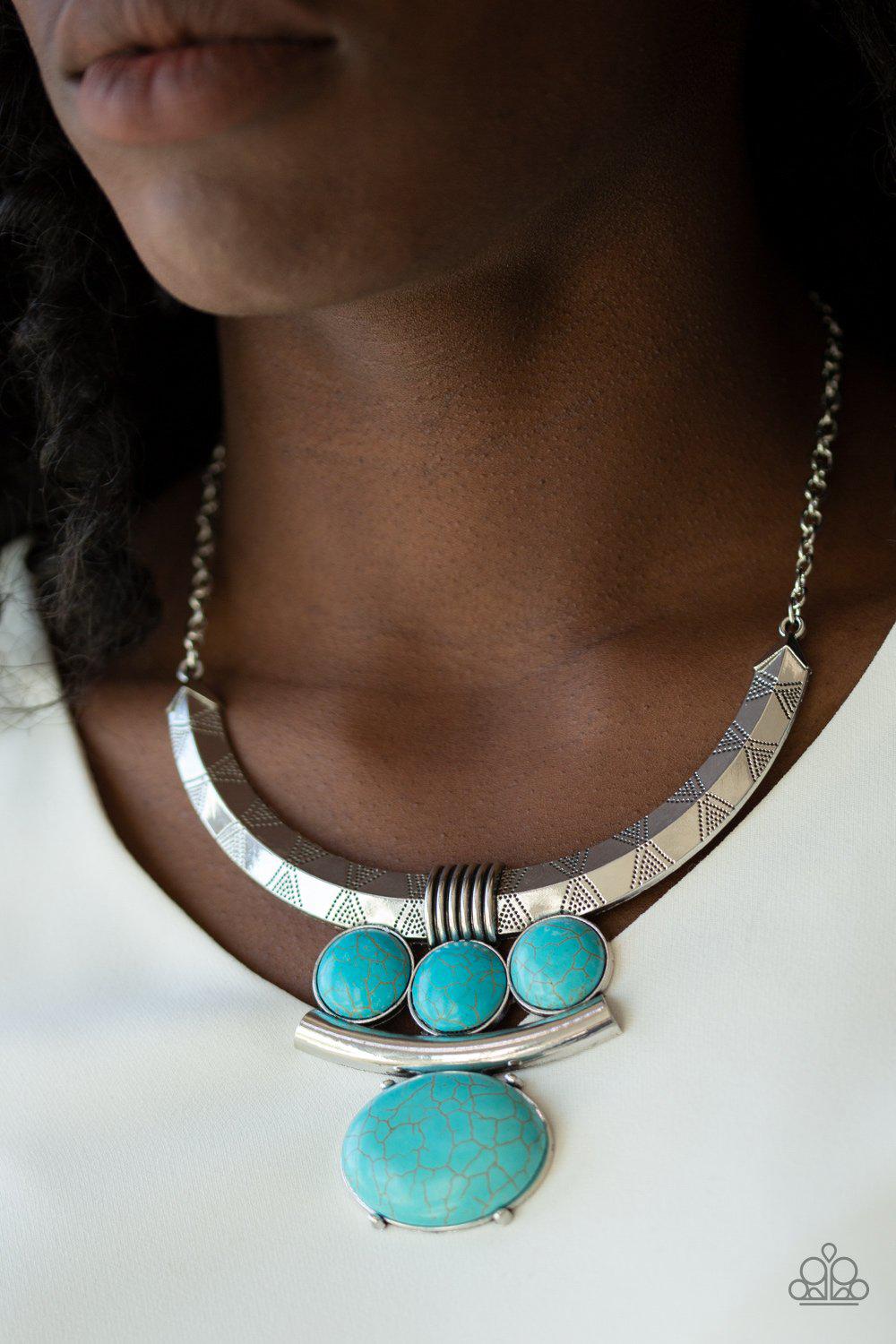Commander In CHIEFETTE Turquoise Blue Stone and Silver Necklace - Paparazzi Accessories- on model - CarasShop.com - Paparazzi Jewelry by Cara Jewels