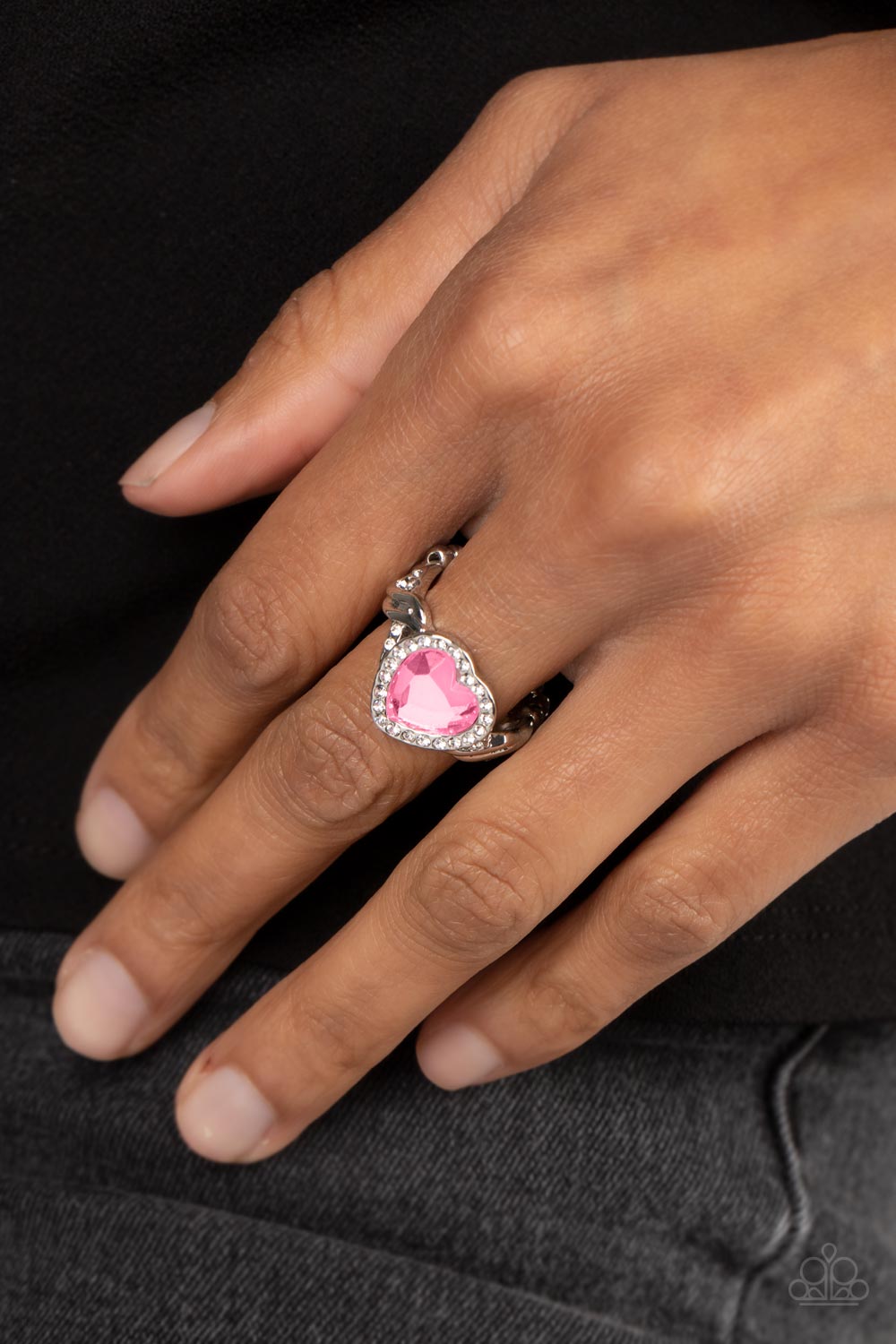 Committed to Cupid Pink Rhinestone Heart Ring - Paparazzi Accessories- on model - CarasShop.com - Paparazzi Jewelry by Cara Jewels
